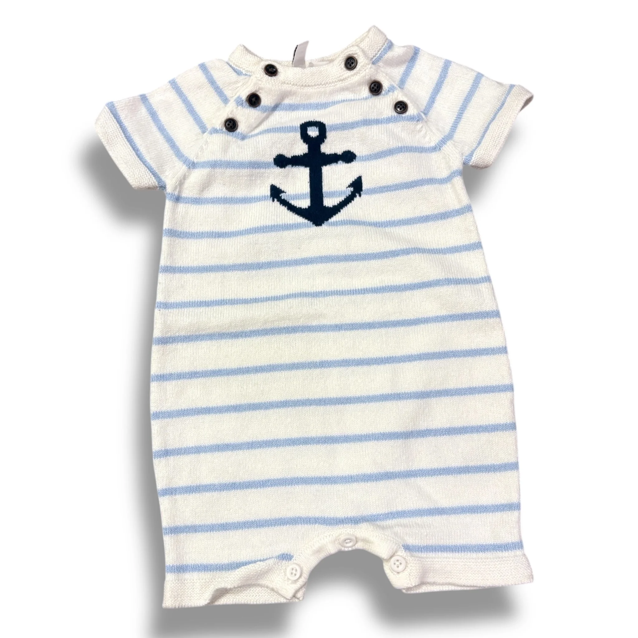 Size 3-6 month Janie and jack blue/white knit romper with navy anchor