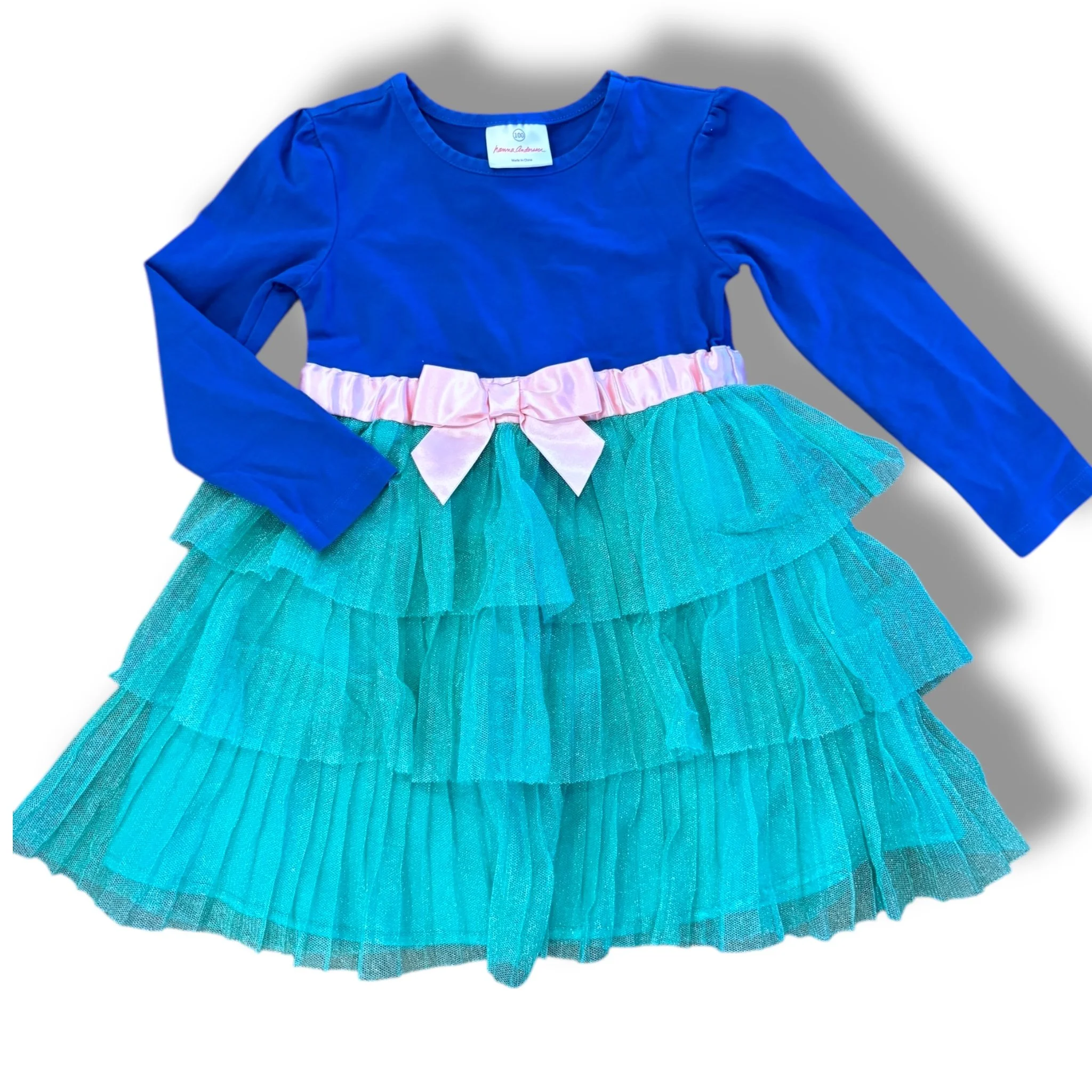 Size 4 Hanna Andersson blue knit top, green tiered tulle skirt with pink waist bow