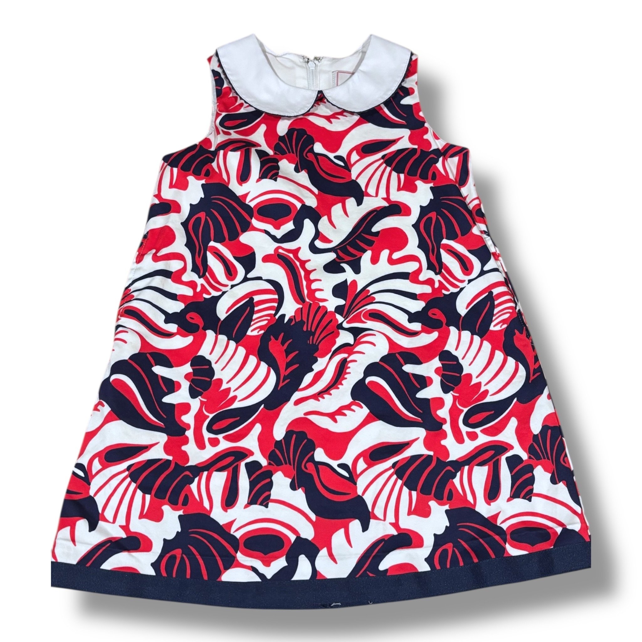 Size 4T Classic Prep dress w/ red/white/blue floral pattern, white collar w/ navy trim