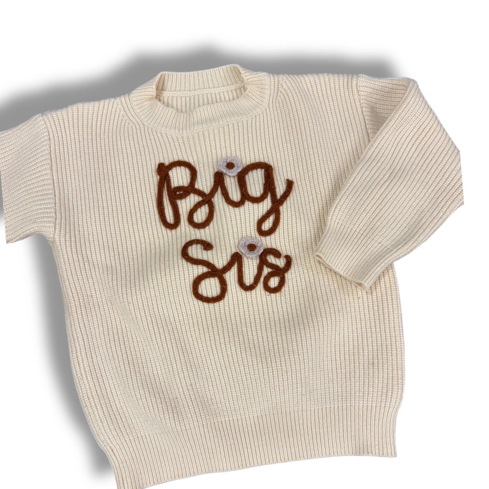 Size 5 tan sweater with BIG SIS, and flowers