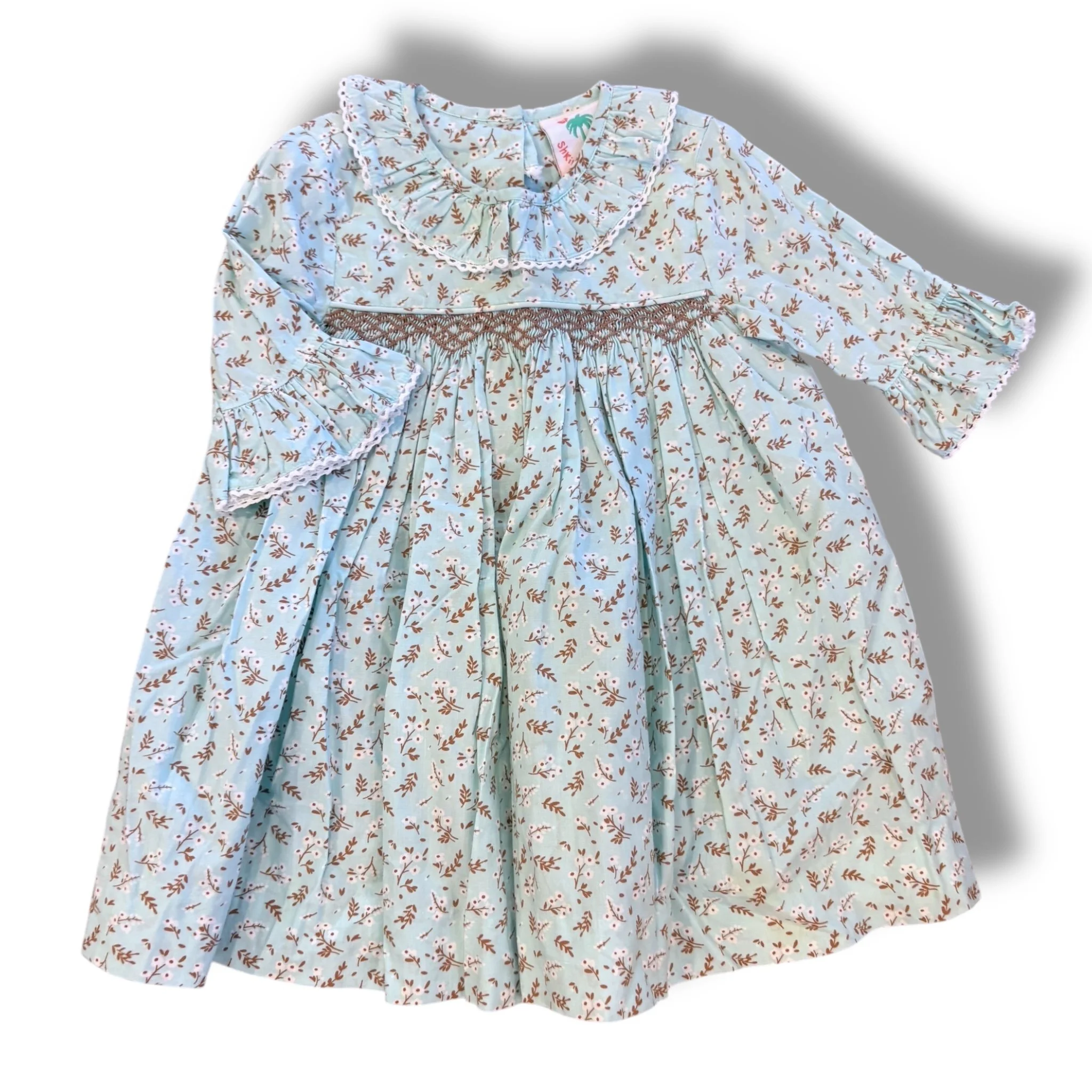 Size 2 Shrimp and grits aqua dress with tan/white flowers and smocked chest