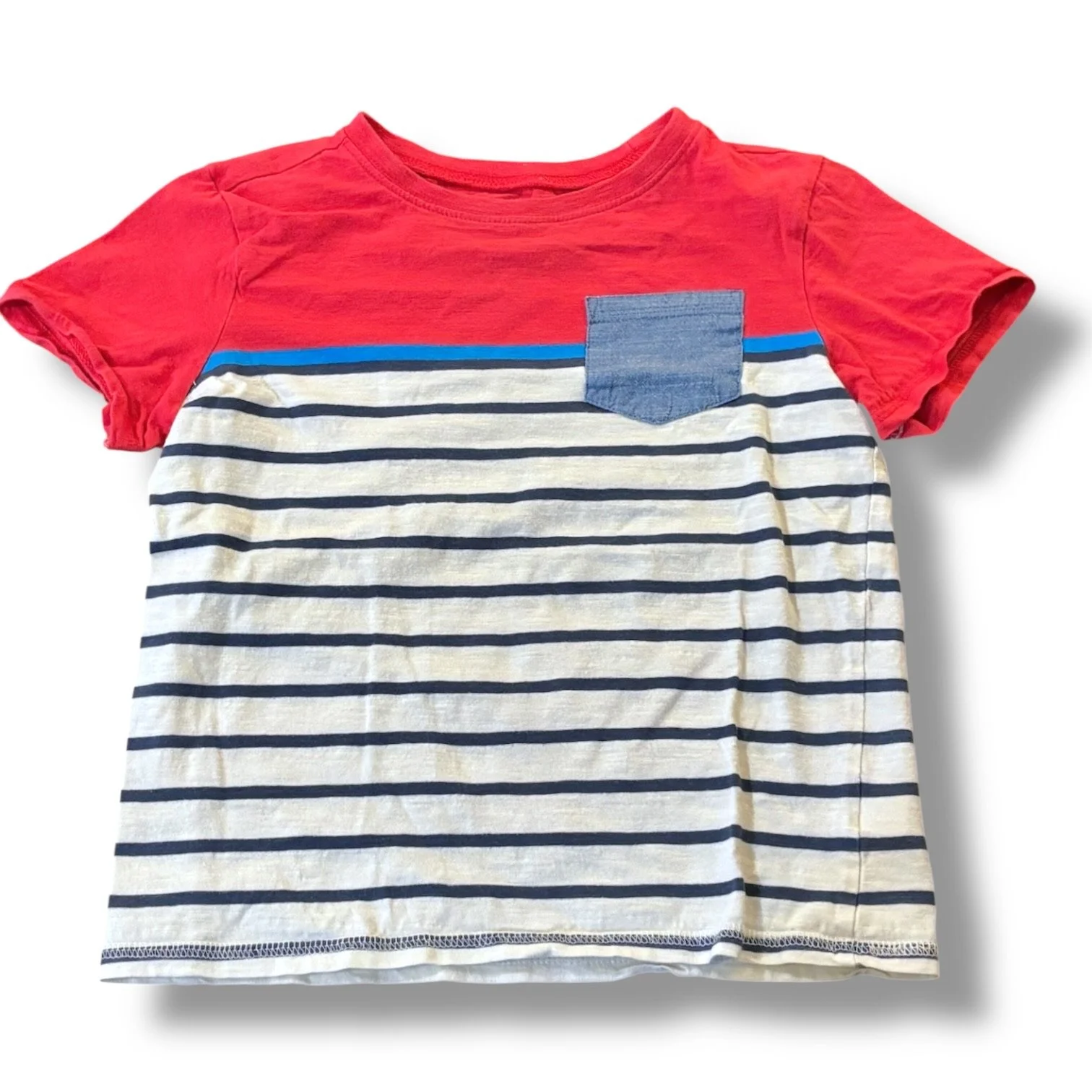 Size 5 Hatley navy/white striped tee w/ red top, chambray pocket