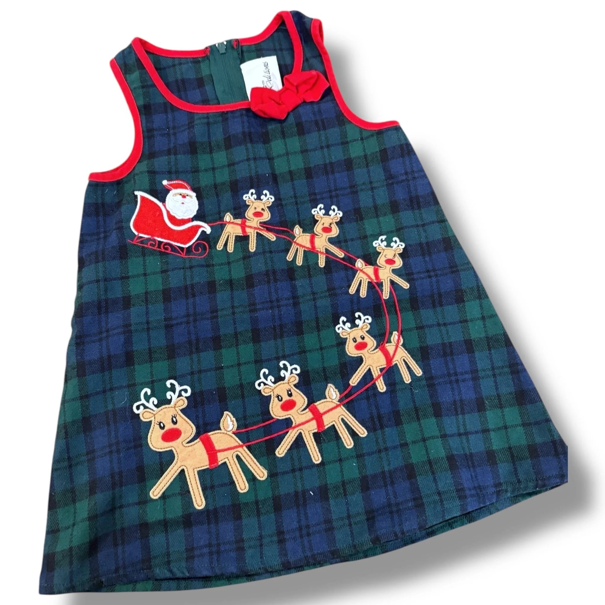 Size 12 month Rare Editions navy/green plaid dress w/ Santa/Reindeer, red trim & bow