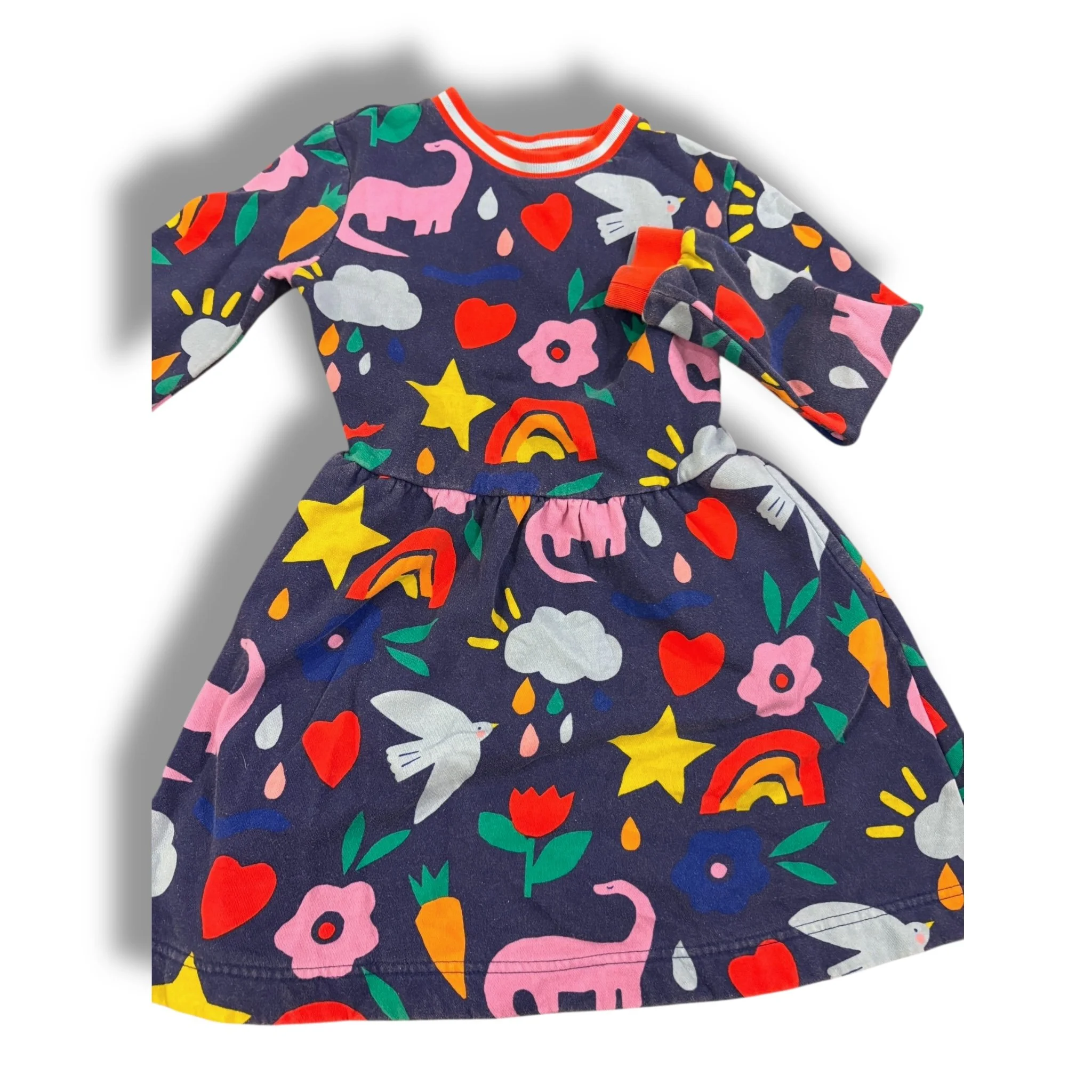 Size 8-9 Boden navy dress with dinos and birds and stars, wash fade