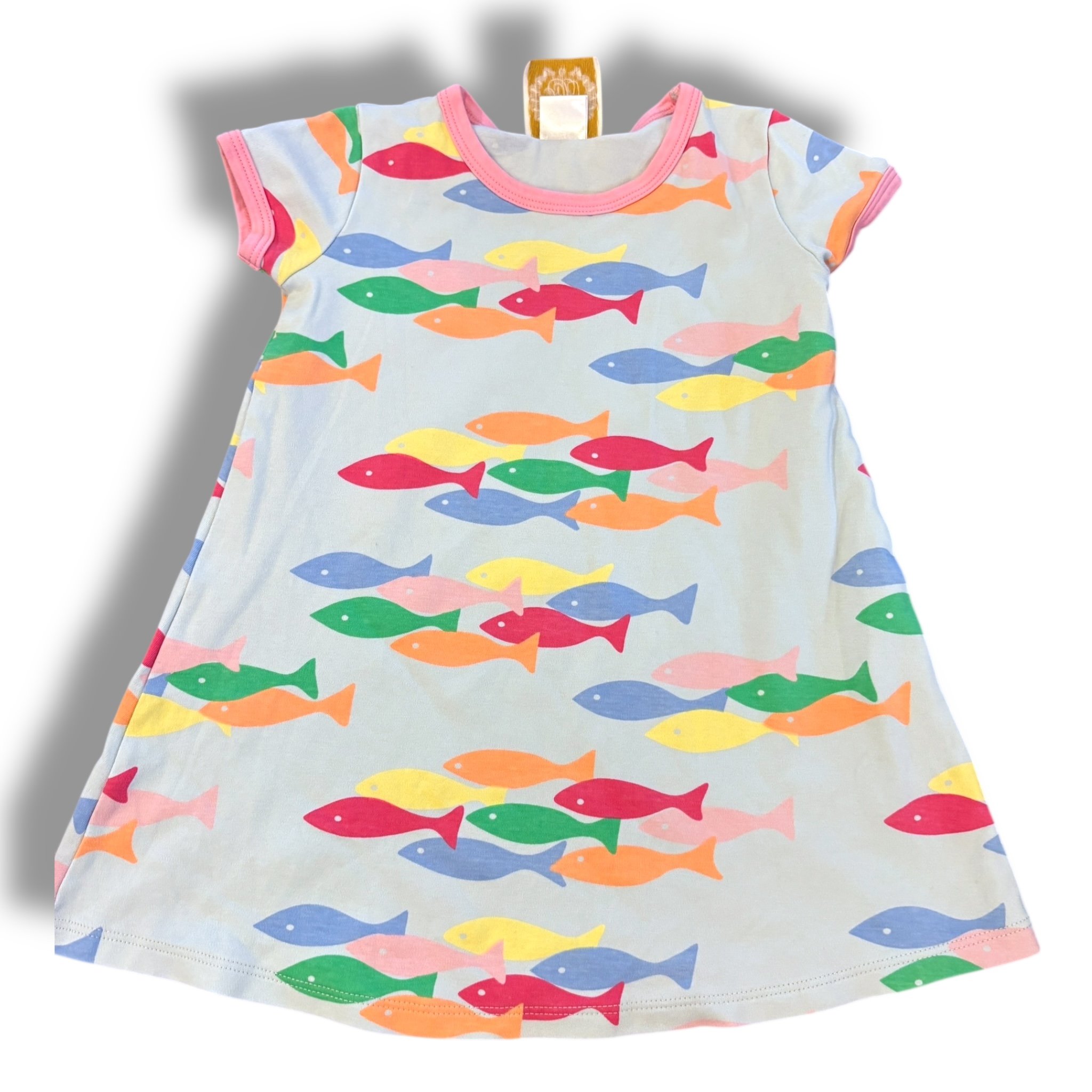 Size 4 TBBC, fits like a 3 light blue multicolor fish polly play