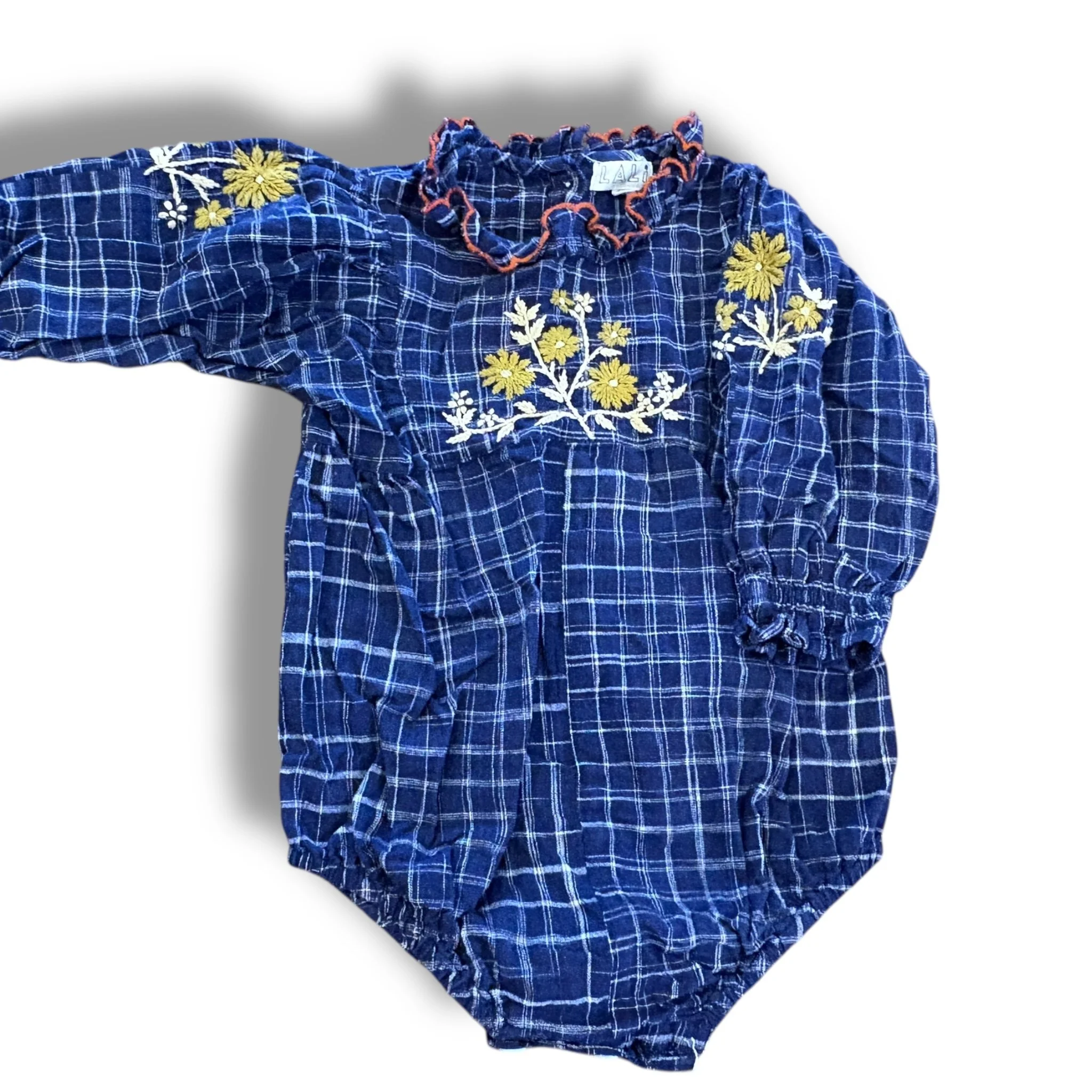 Size 9-12 month Lali navy/cream plaid long sleeve bubble, embroidered flowers on chest