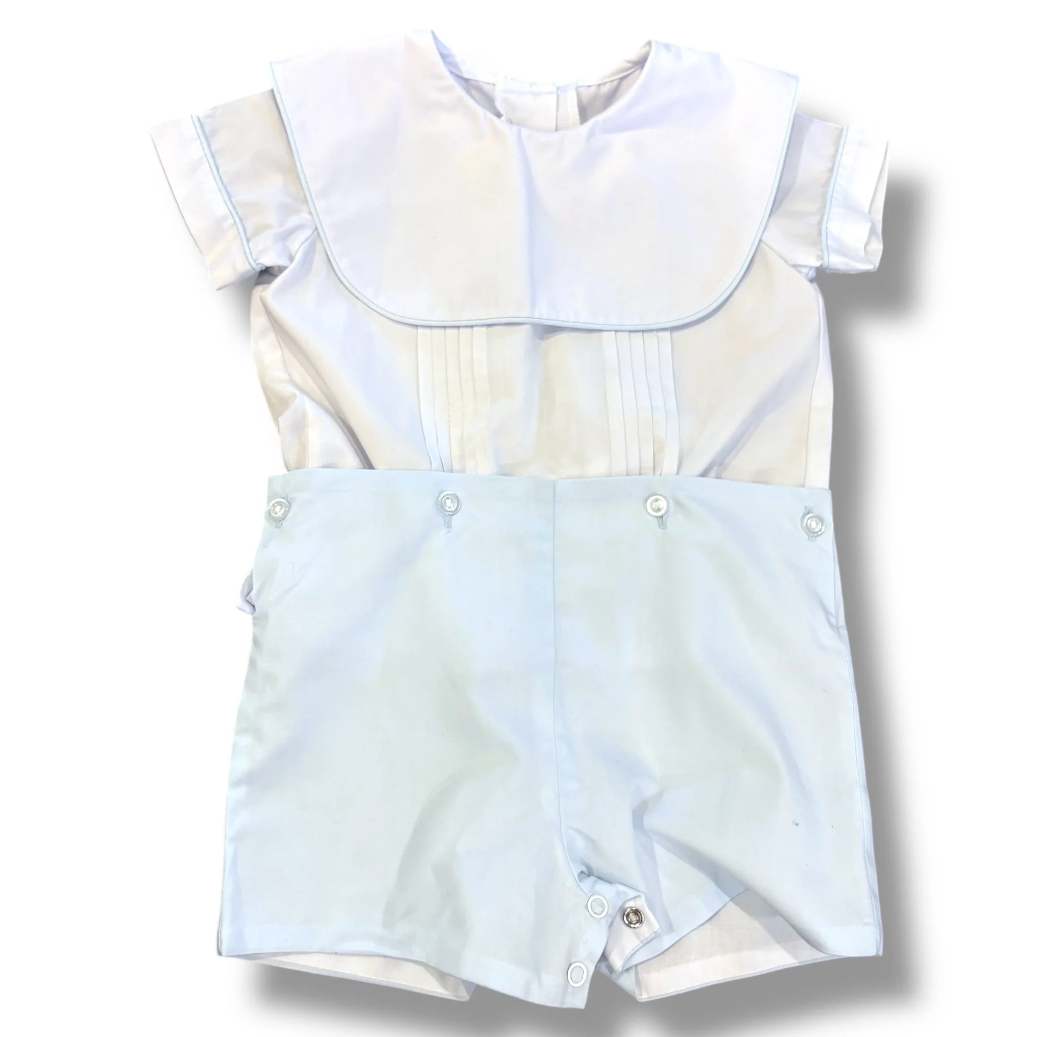 Size 18 month Southern smocked white, light blue button in romper with collar and pleats