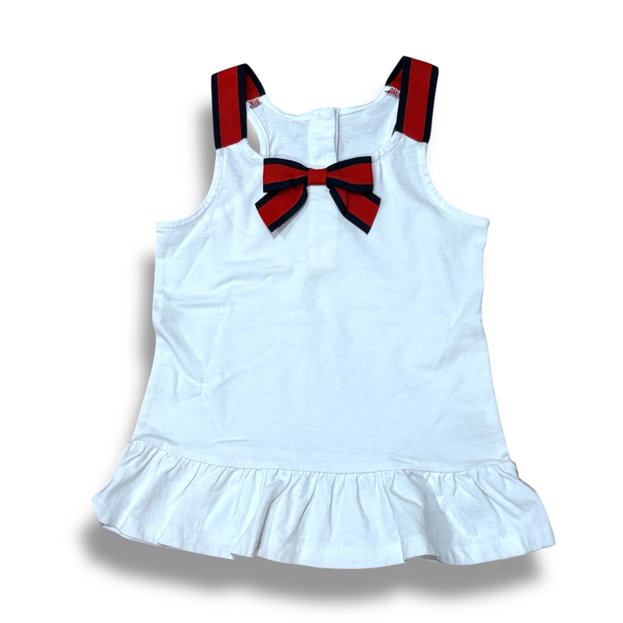 Size 7 Janie and Jack white tank with red/navy ribbon straps and bow