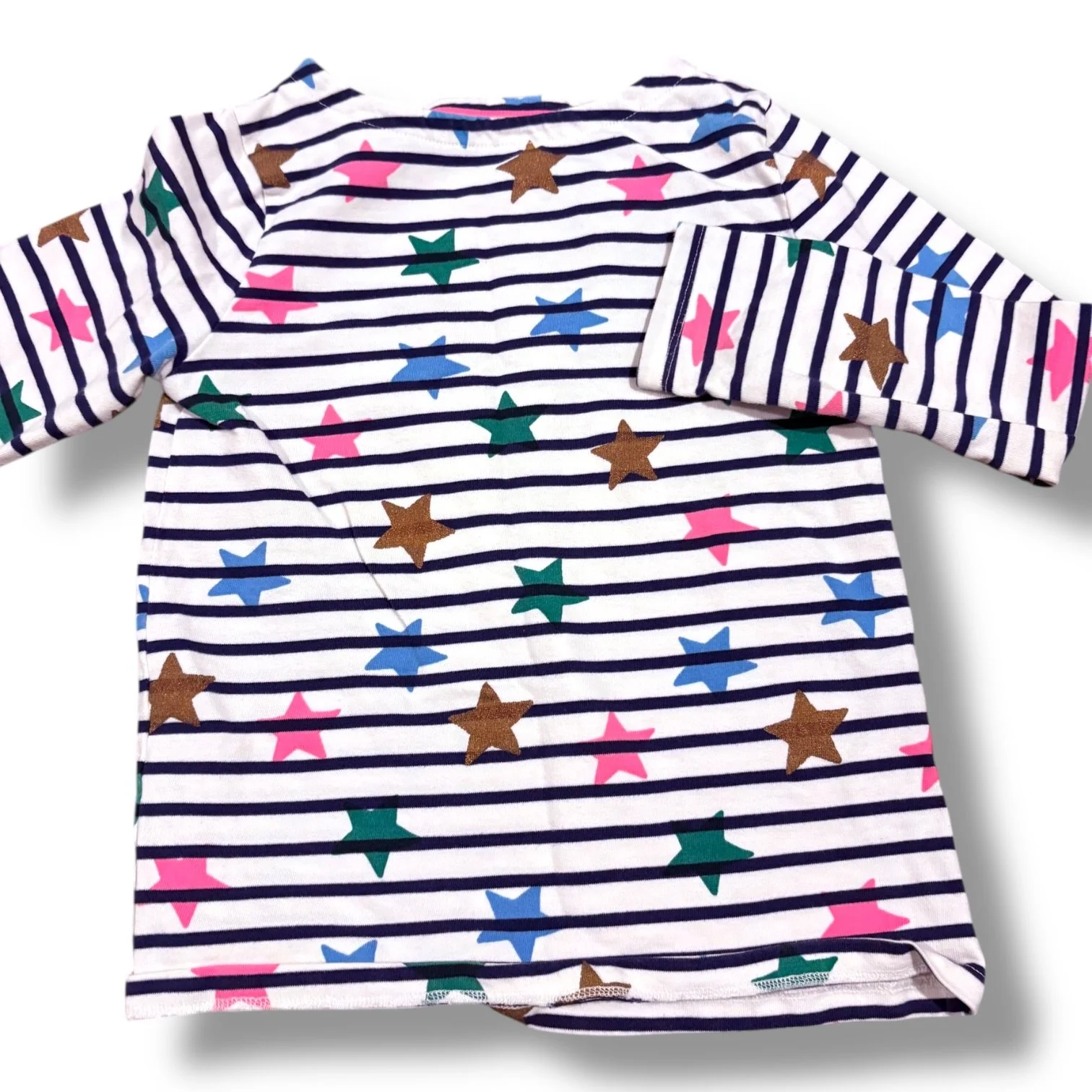 Size 7-8 Boden navy/white striped long-sleeve tee w/ multicolored stars