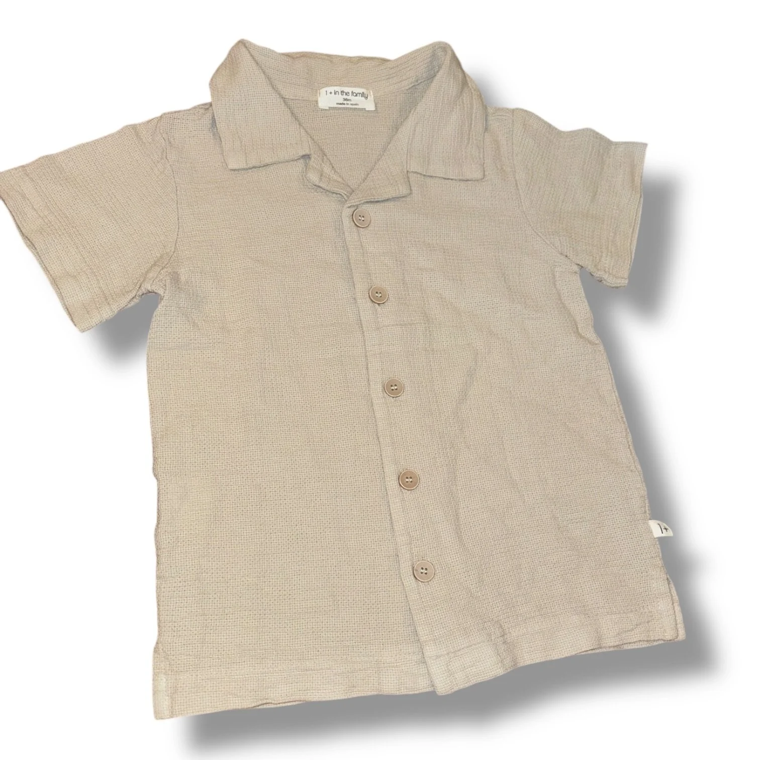 Size 36 month 1 + In the Family tan linen short-sleeve button-up shirt