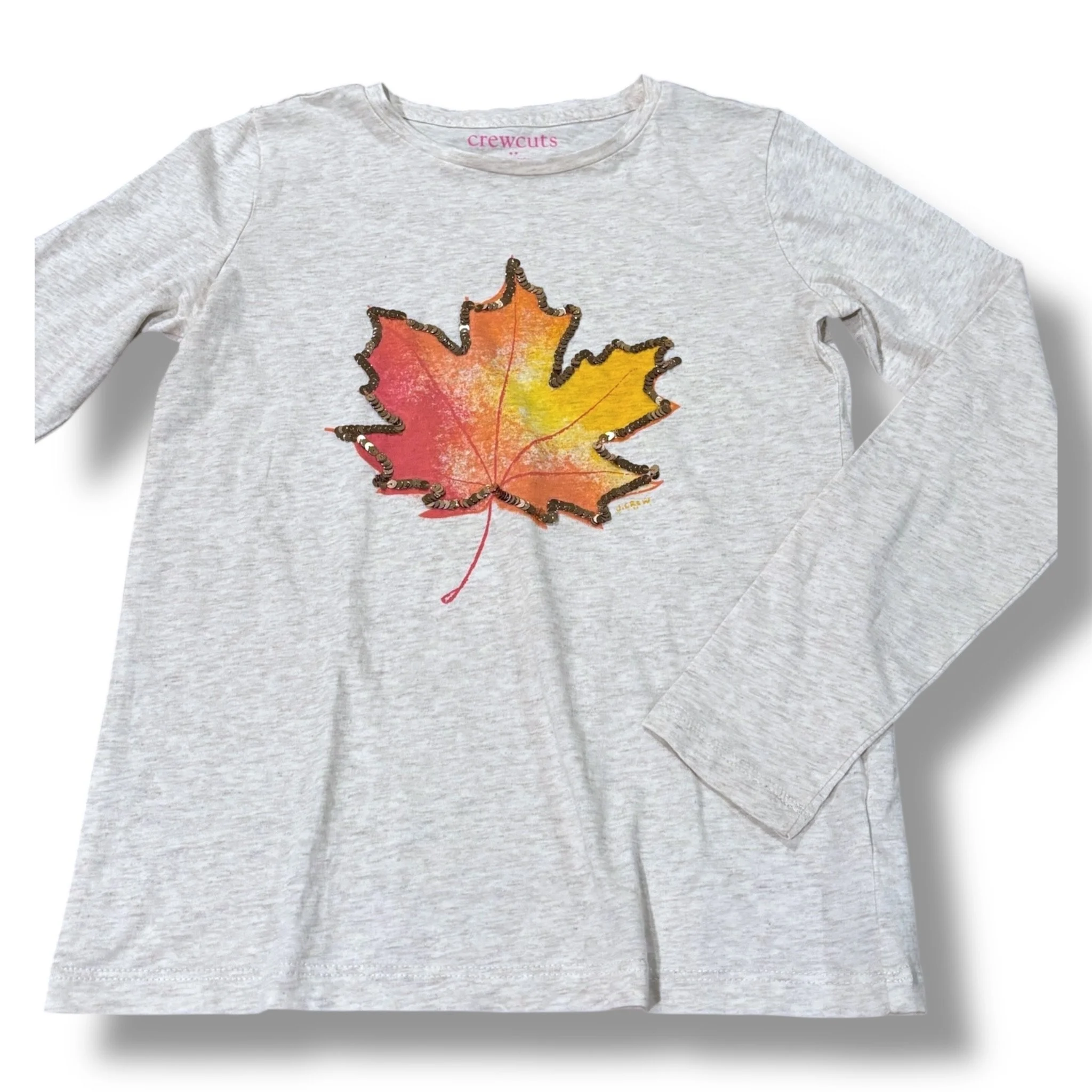 Size 8-9 Crewcuts oatmeal long-sleeve tee w/ red/yellow Maple leaf w/ gold sequin outline