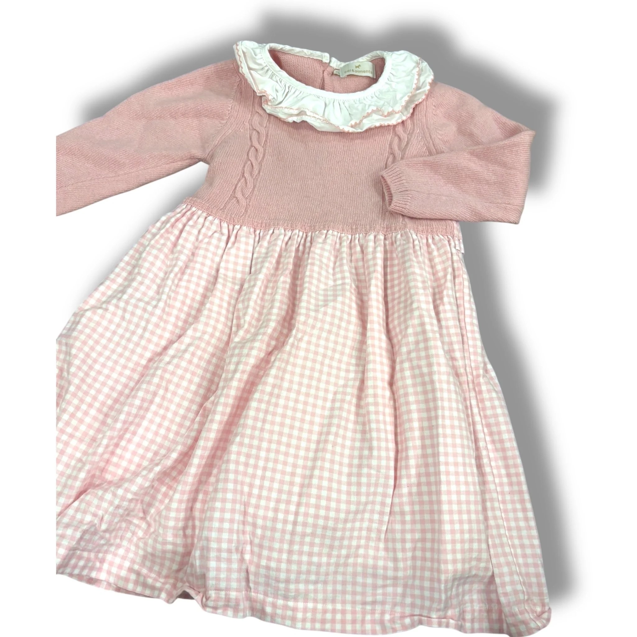 Size 8 Sal and Pimenta pink sweater top, pink and white check dress