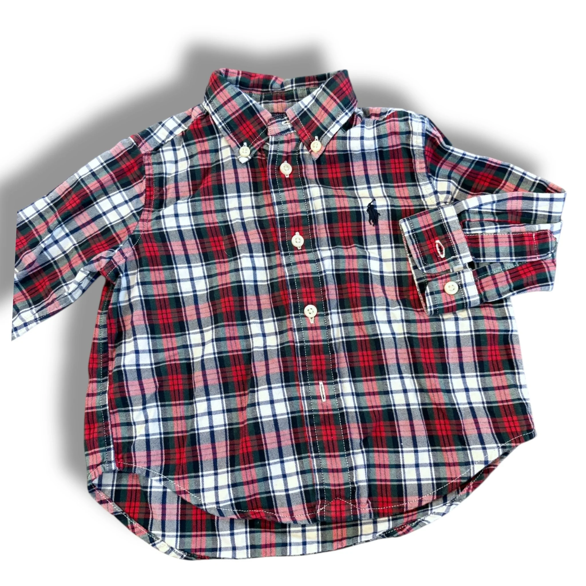 Size 12 month Rlph Lauren red/white/green plaid button up, navy rider