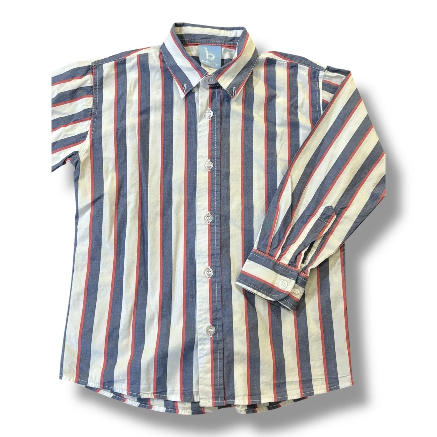 Size 5 Bella Bliss red/white/blue vertical striped button-up shirt