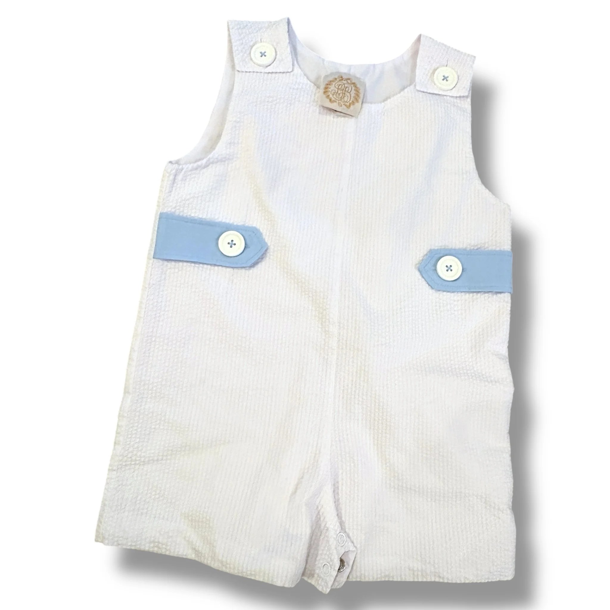 Size 2 TBBC white seersucker shortall, with blue side tabs