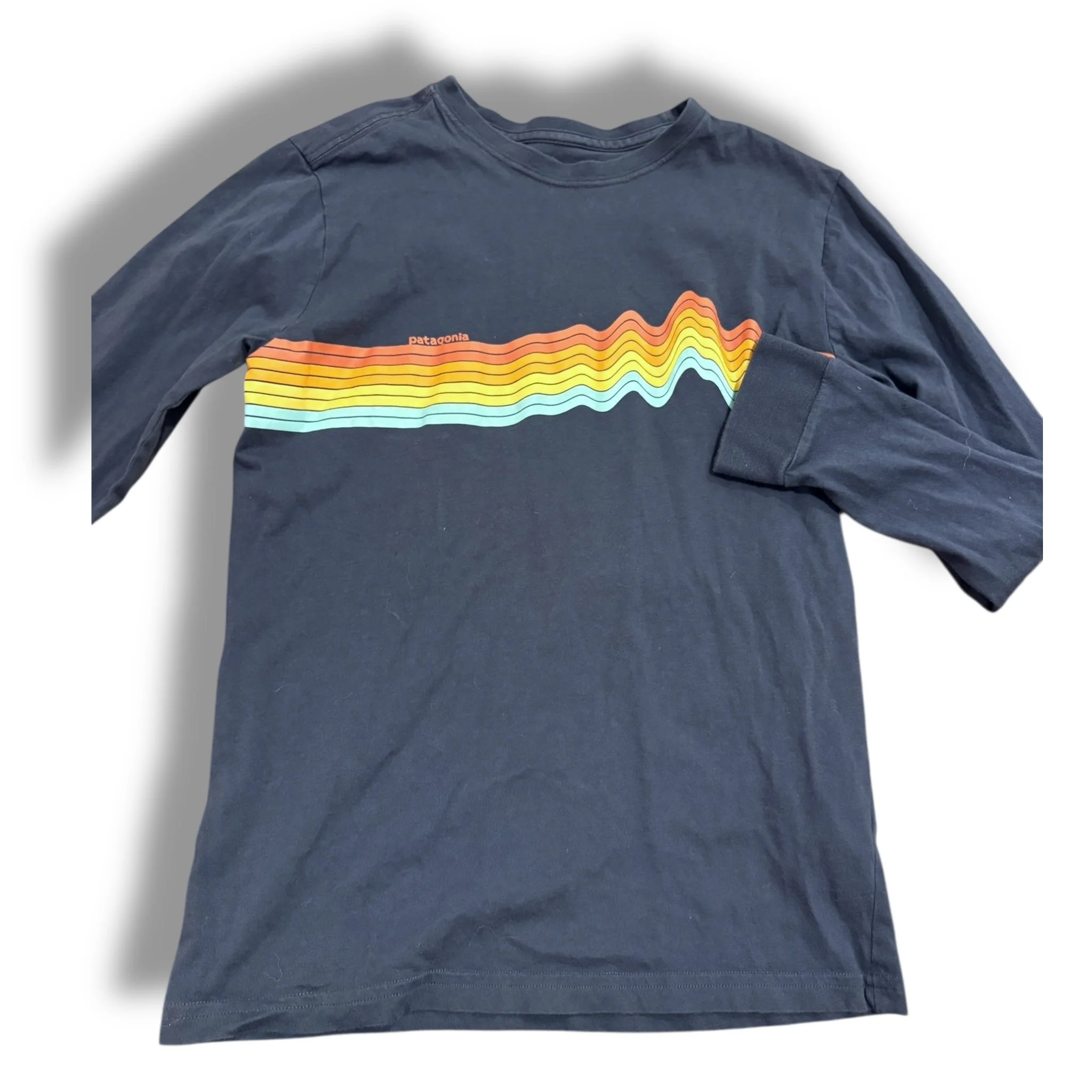Size 12 Patagonia navy tee with wavy stripes, overall wear