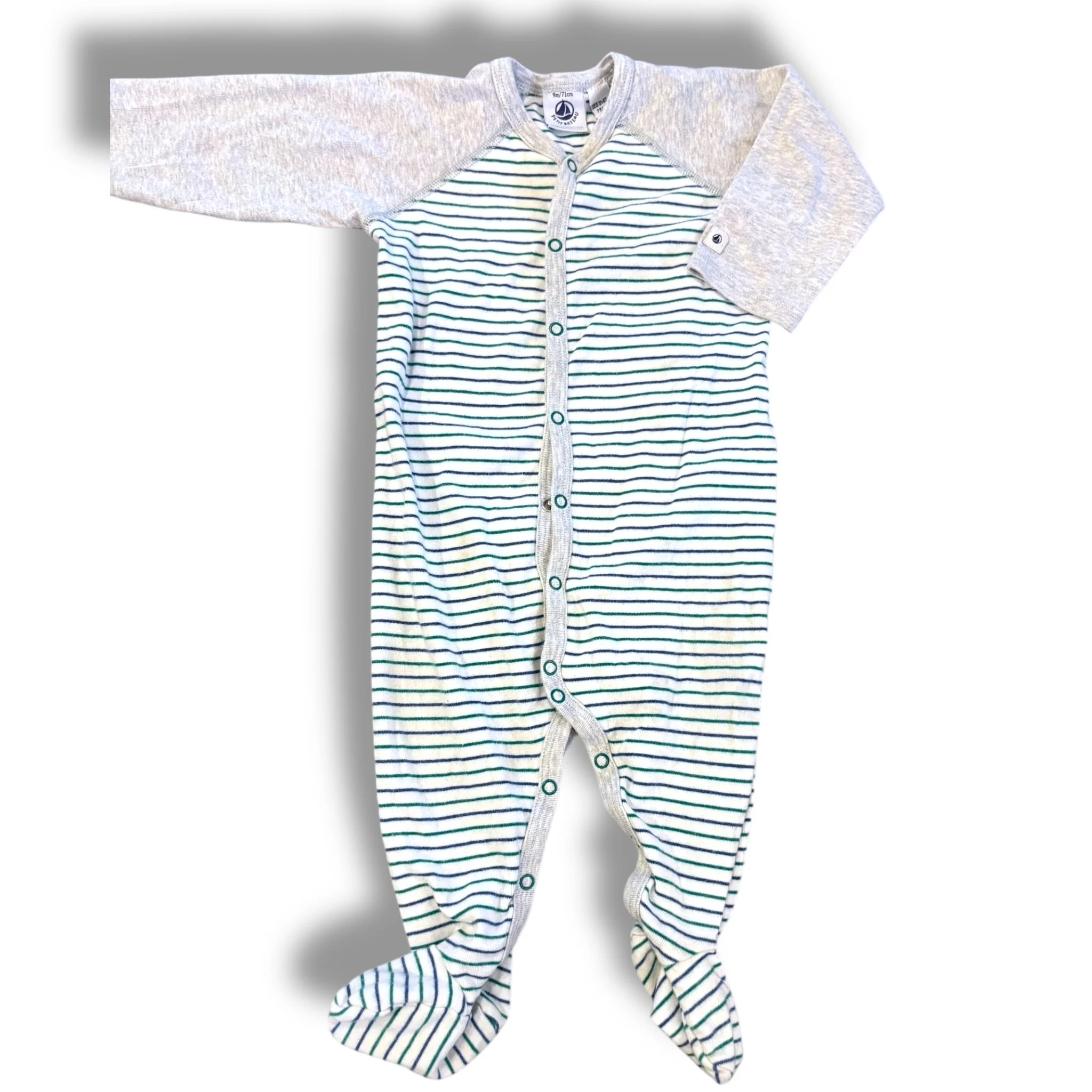 Size 9 month Petit bateau green/blue/white stripe sleeper with grey sleeves
