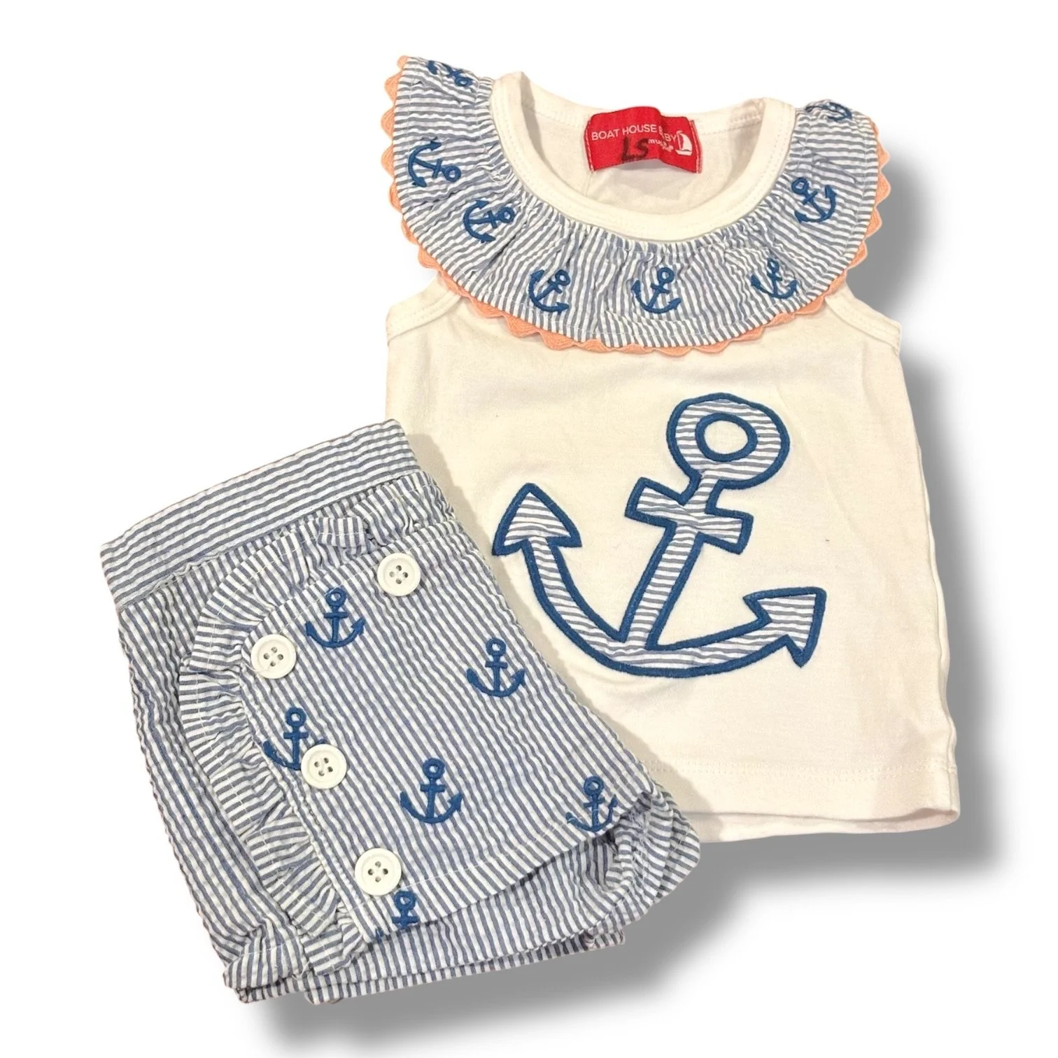 Size 0-6 month Mudpie set: white tank w/ seersucker collar w/ anchors, seersucker anchor shorts