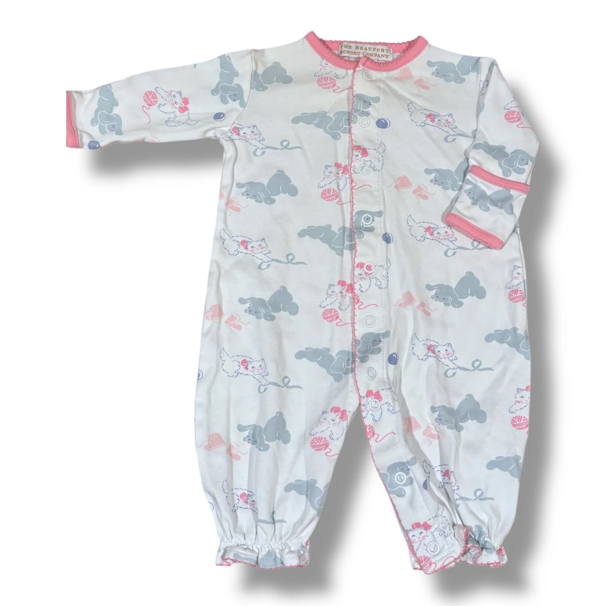 Size NB TBBC white playsuit w/ gray/pink cats & dogs, pink trim