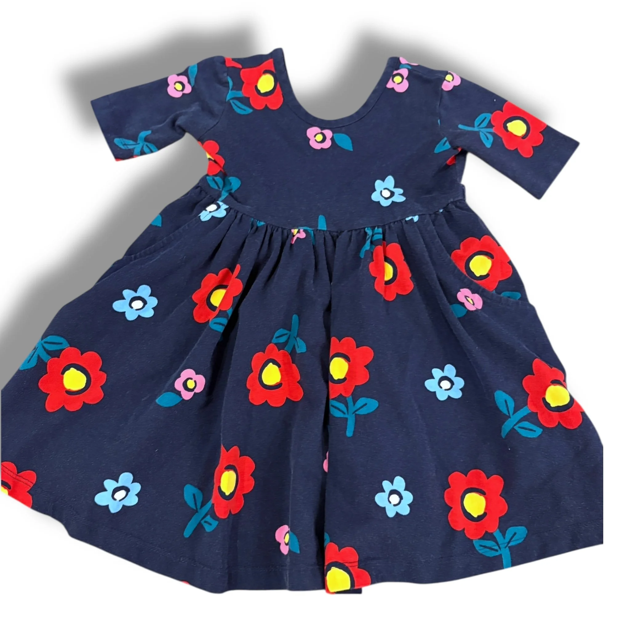 Size 3 Hanna Andersson navy short sleeve knit dress with multicolor flowers