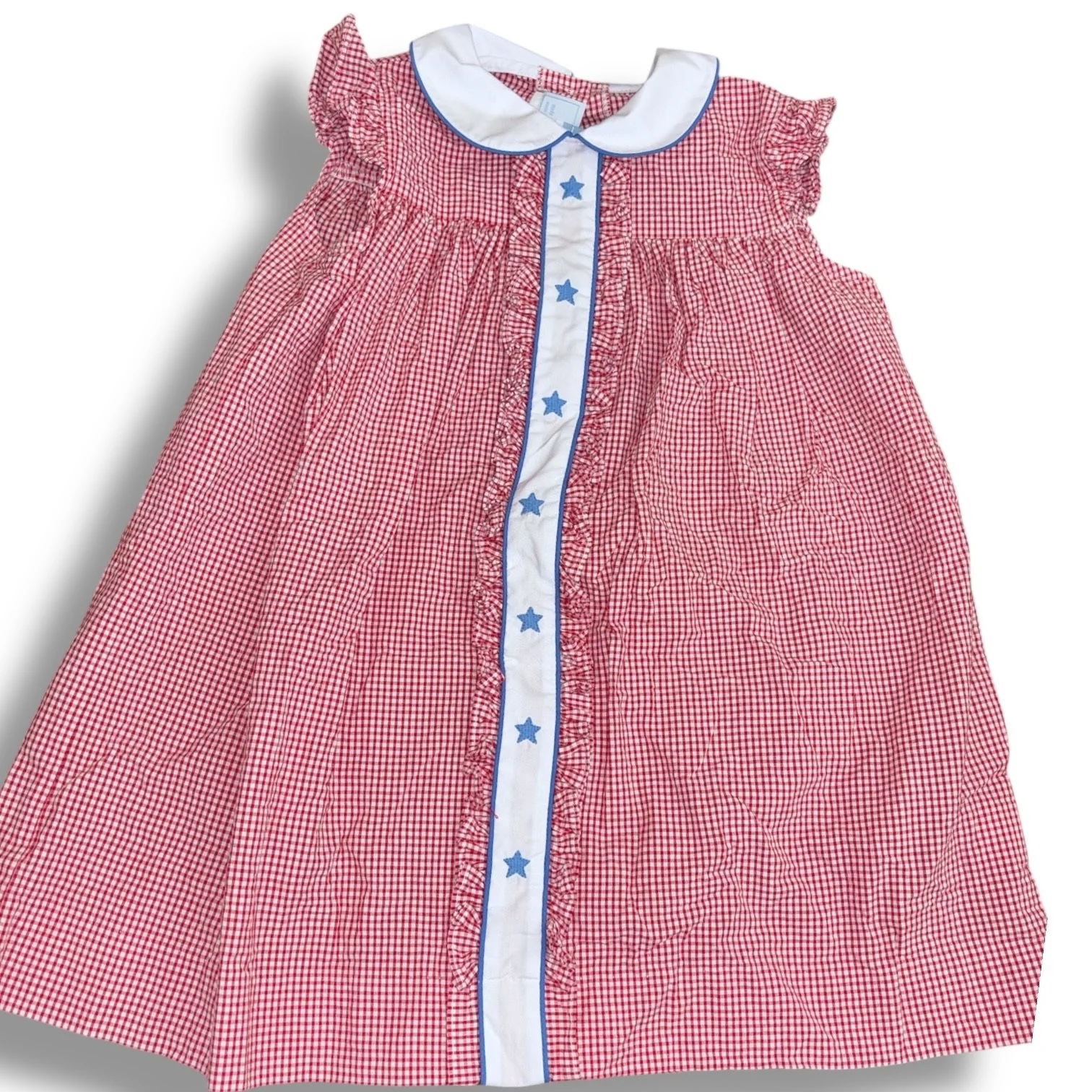 Size 5 Little English red/white gingham dress w/ white/blue star panel on front, white collar
