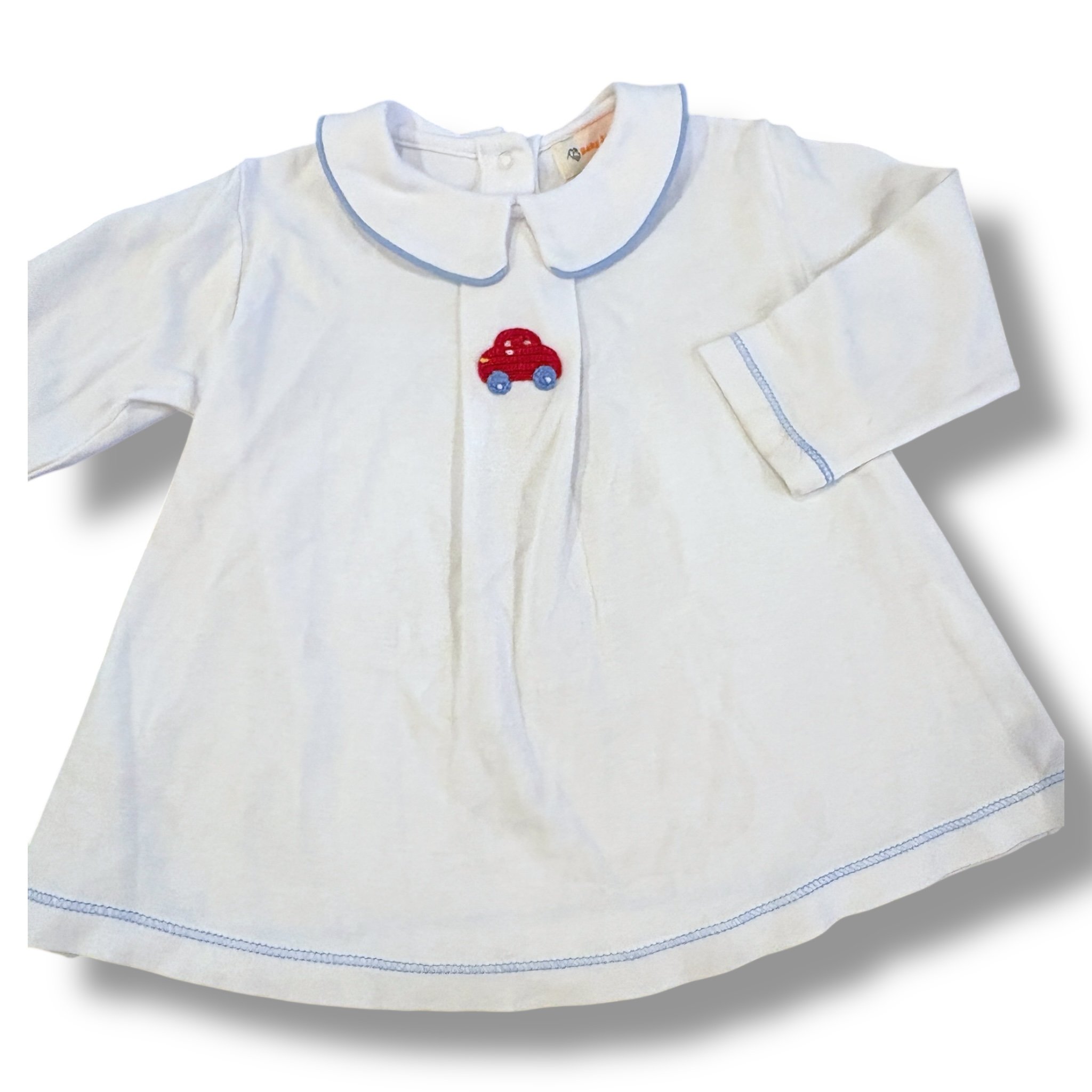 Size 24 month Baby luigi white peter pan collar top with blue trim, red crocheted car