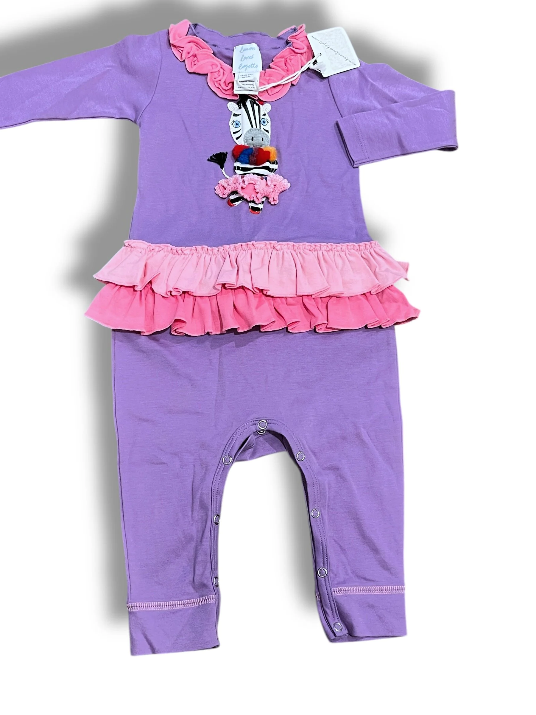 Size 18-24 month Lemon Loves Layette purple Zebra romper with pink ruffles NWT