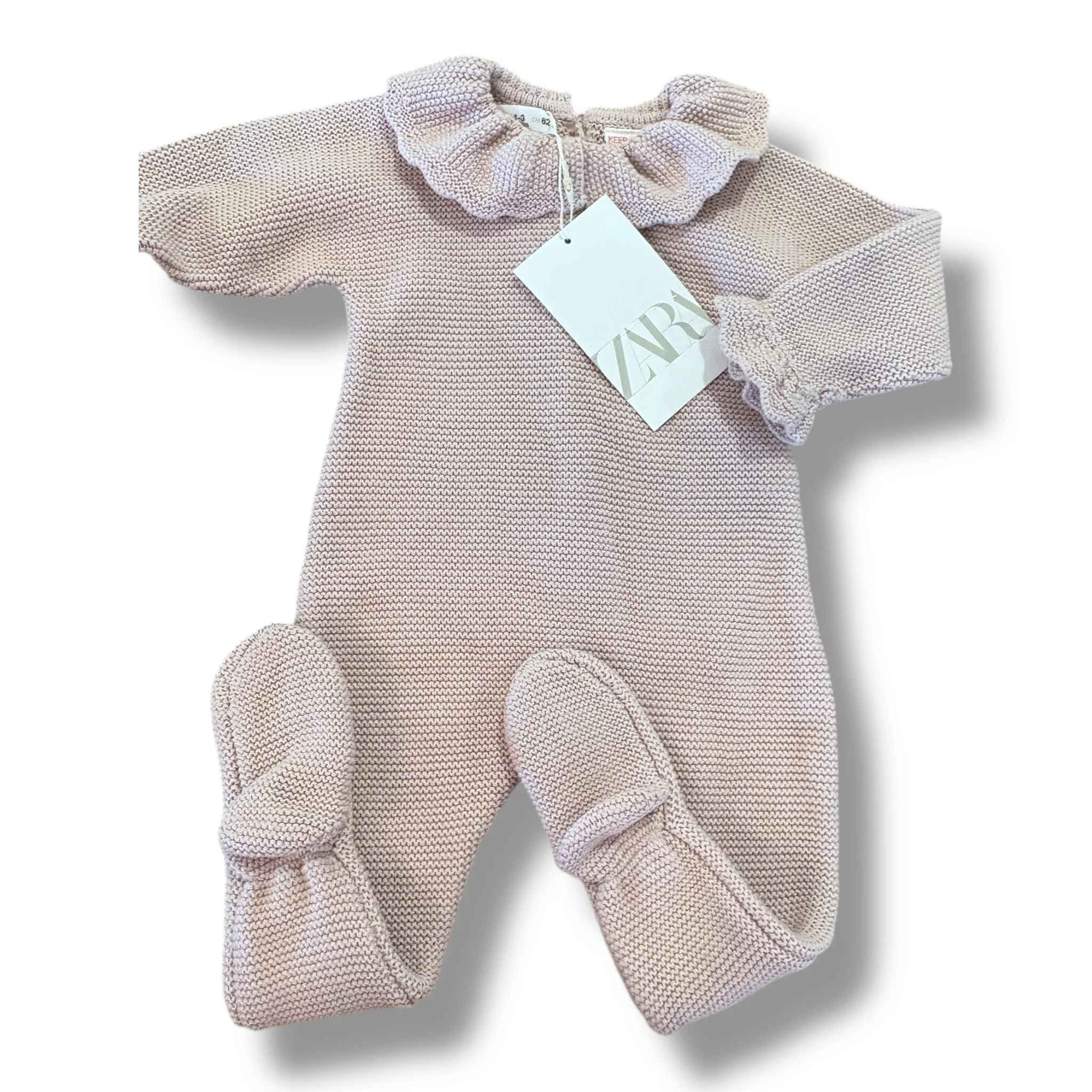 Size 1-3 month Zara dusty pink sweater romper with feet, ruffle collar NWT
