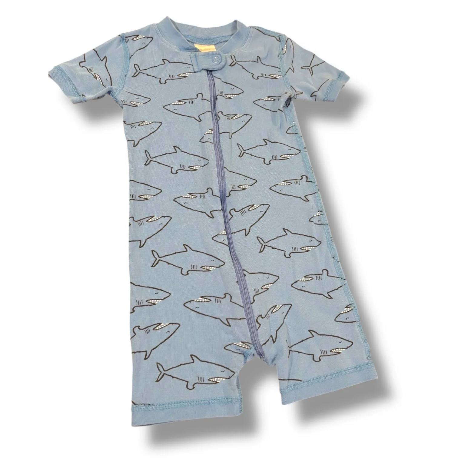 Size 3T Hanna Andersson blue short-sleeve zip-up pajamas w/ sharks