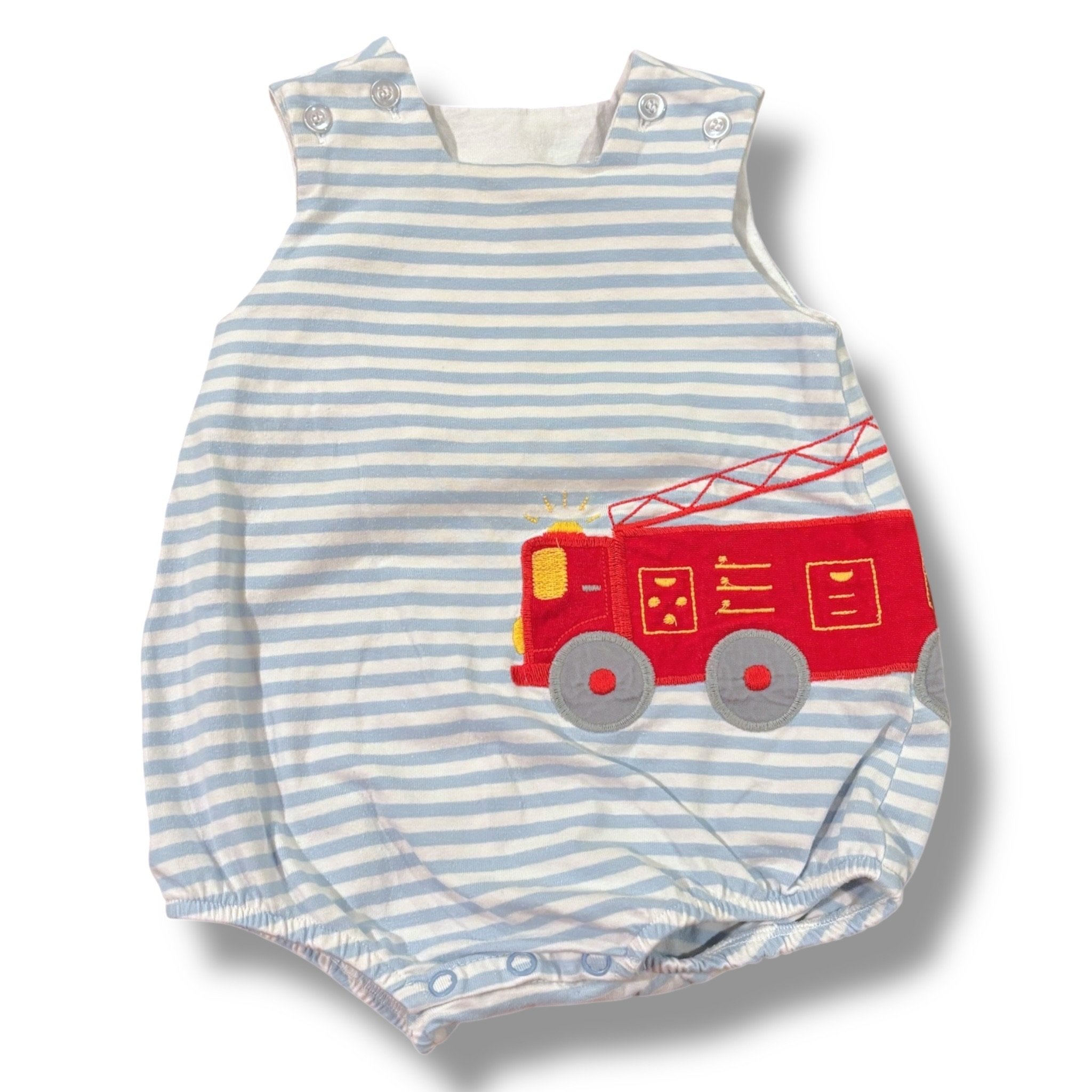 Size 6 month Bailey Boys light blue/white striped bubble w/ fire truck applique