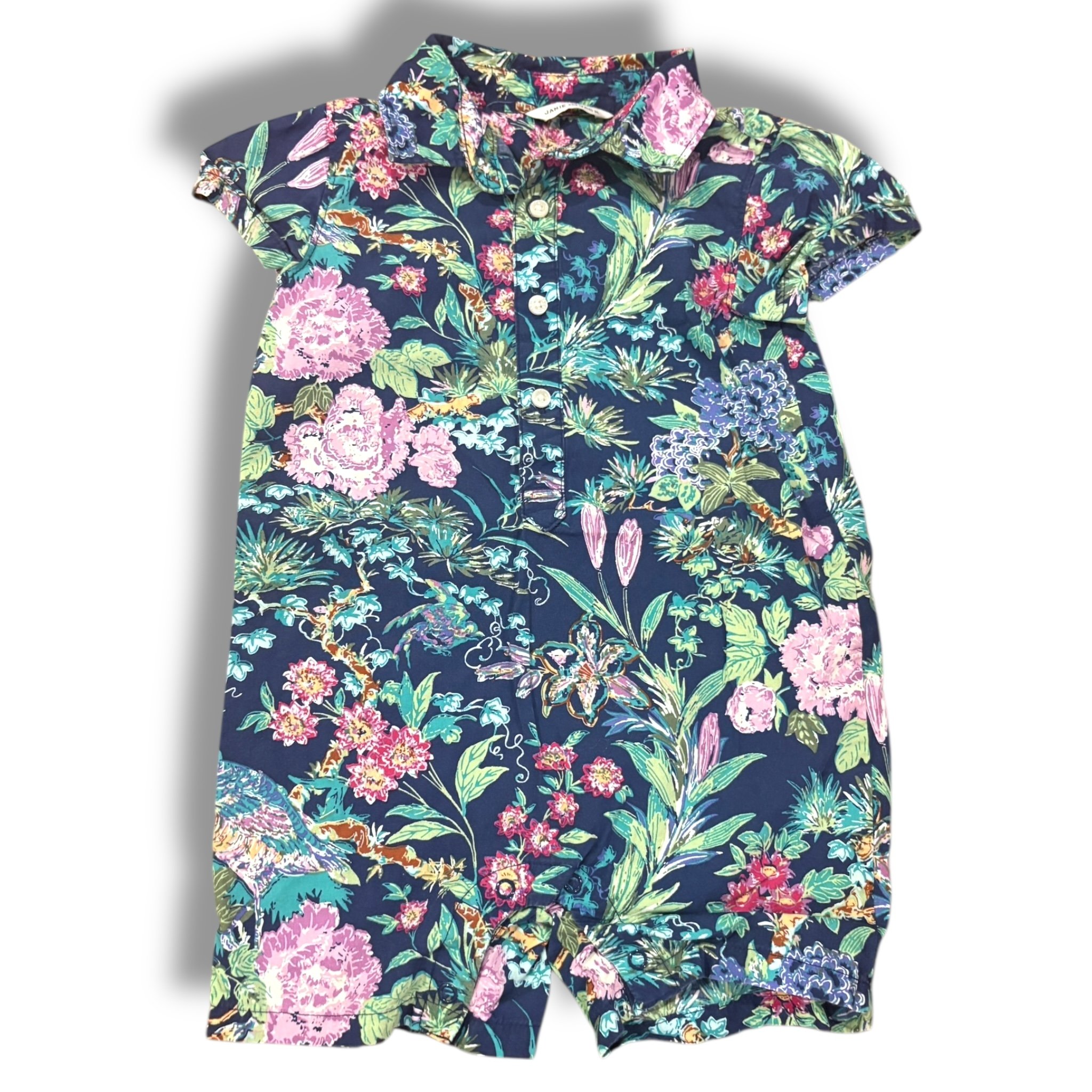 Size 12-18 month Janie and jack navy button up romper with purple/green tropical flowers