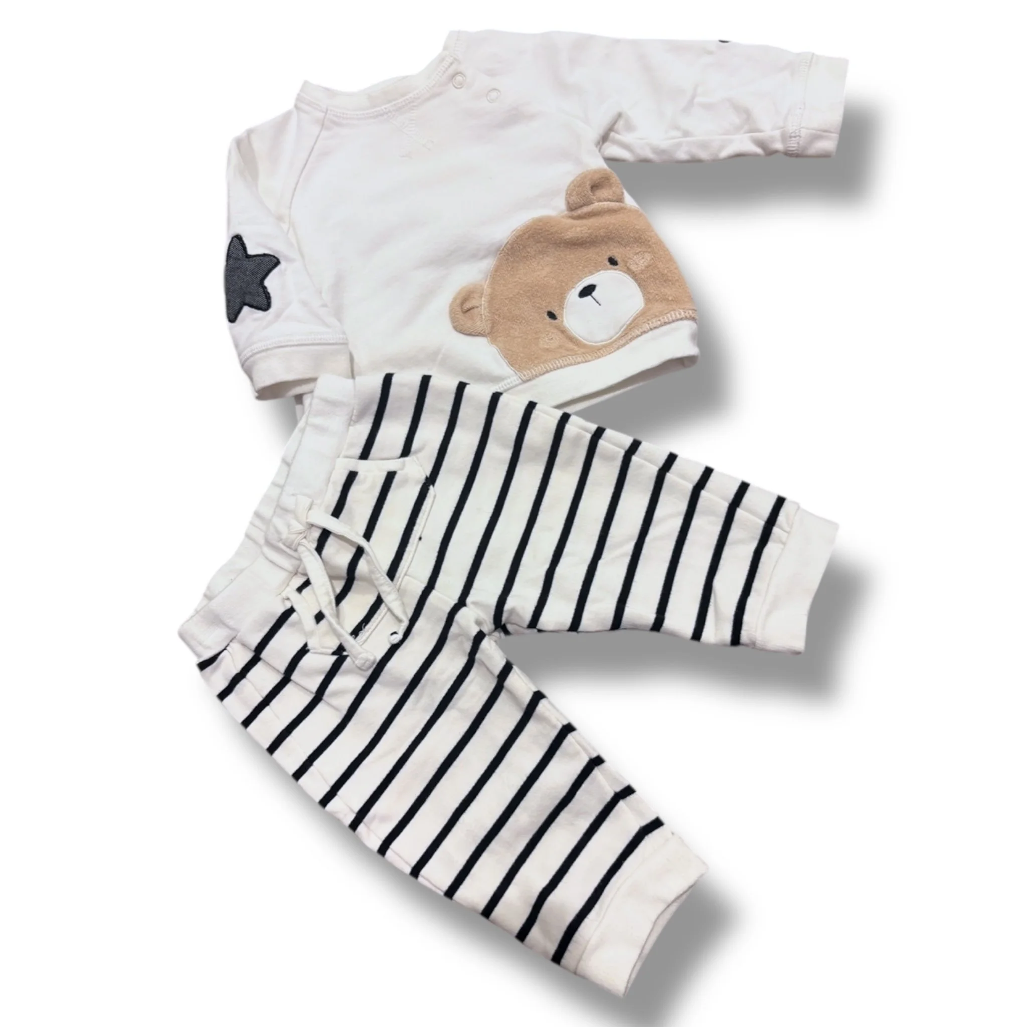 Size 2-4 Month Mayoral white sweatshirt with bear, stripe pant set