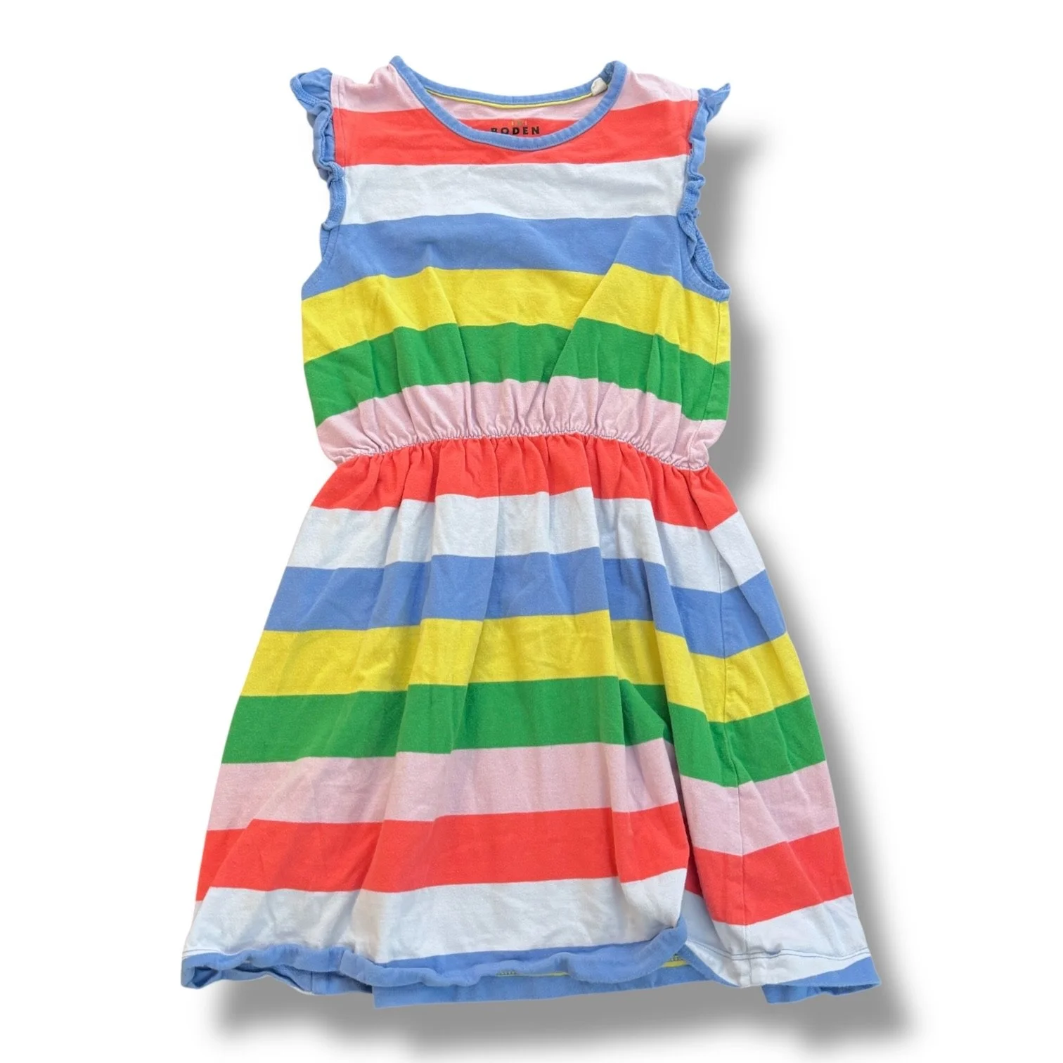 Size 7-8 Boden rainbow striped tank dress w/ blue ruffle at shoulders