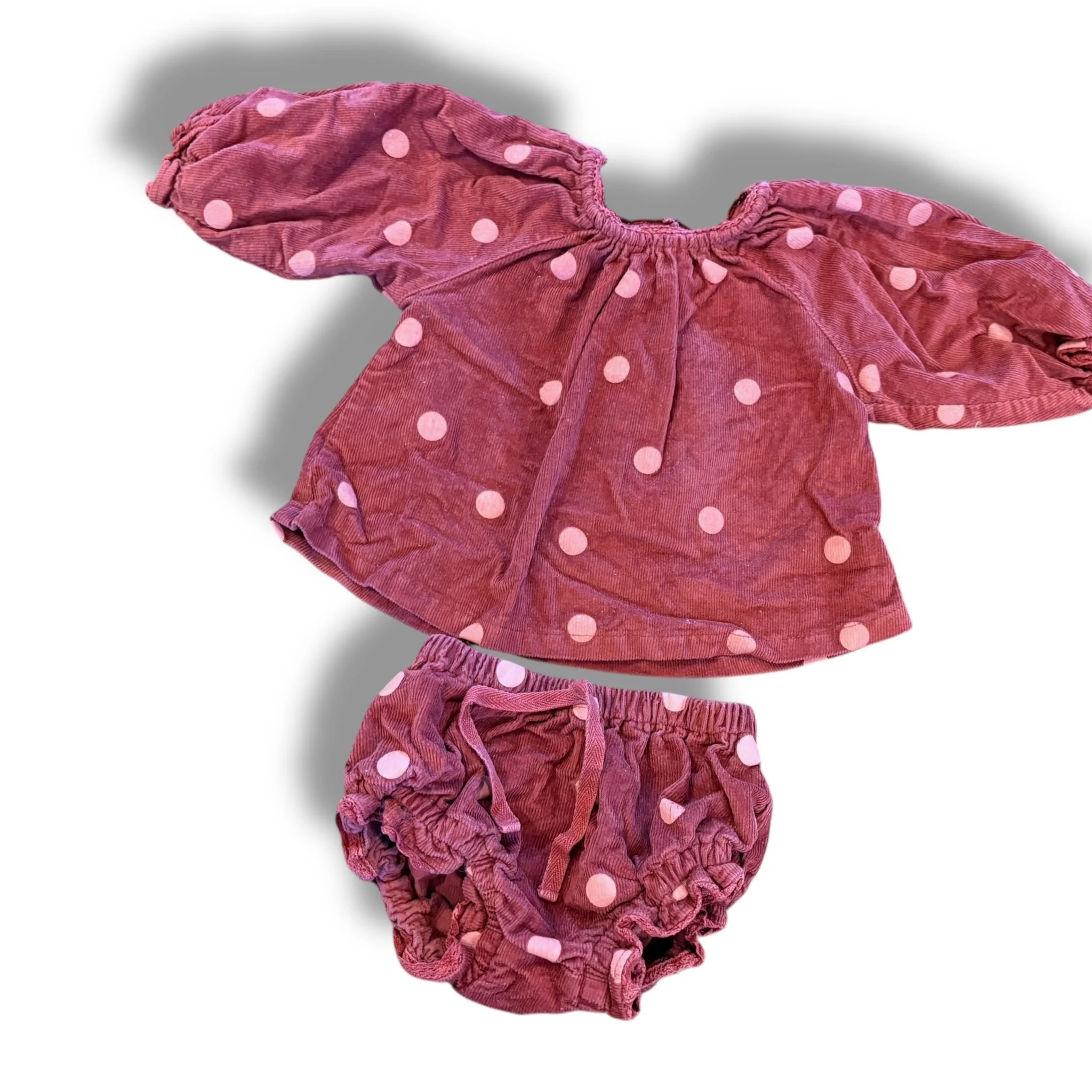 Size 12-18 month Wild wawa burgundy corduroy set with bloomers and polka dots