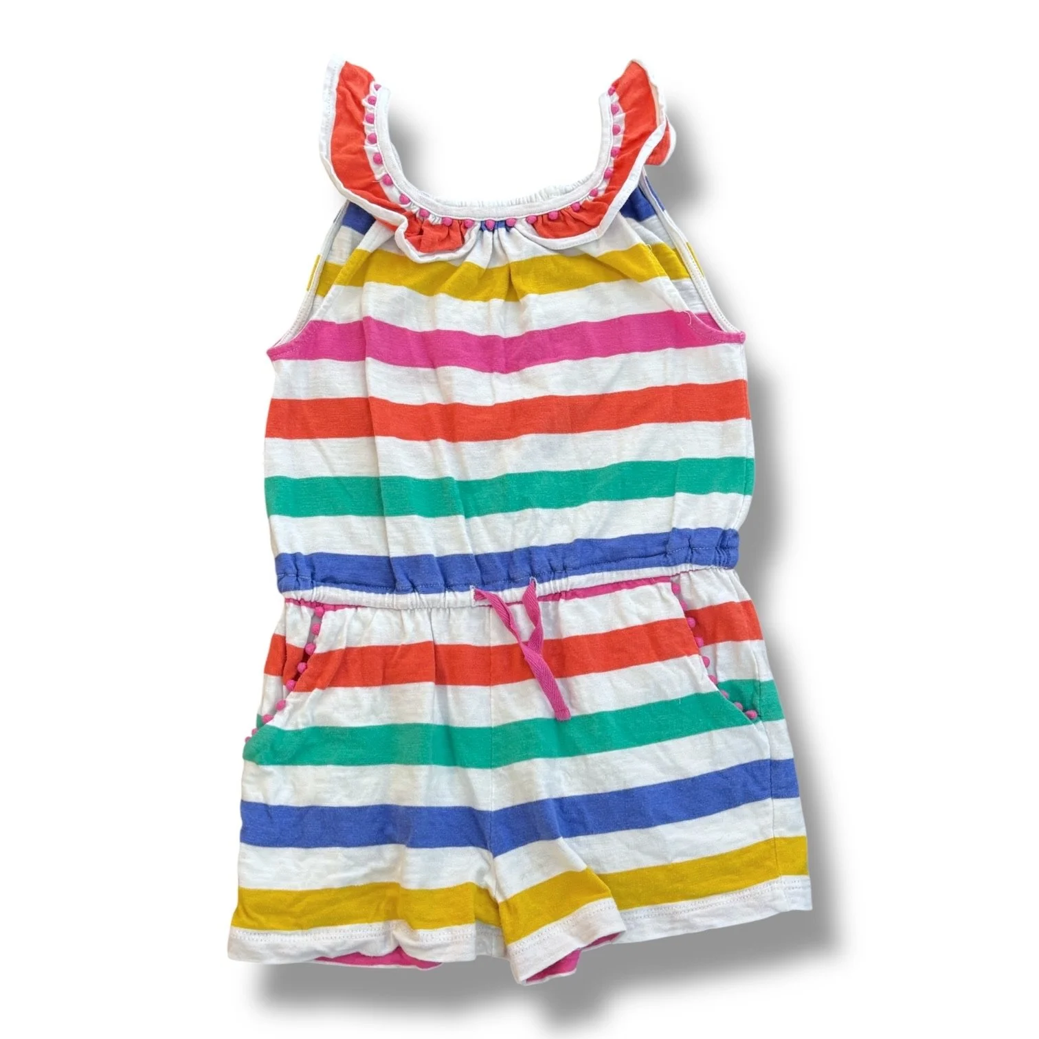 Size 4-5 Boden white/multicolored striped romper w/ pompom trim