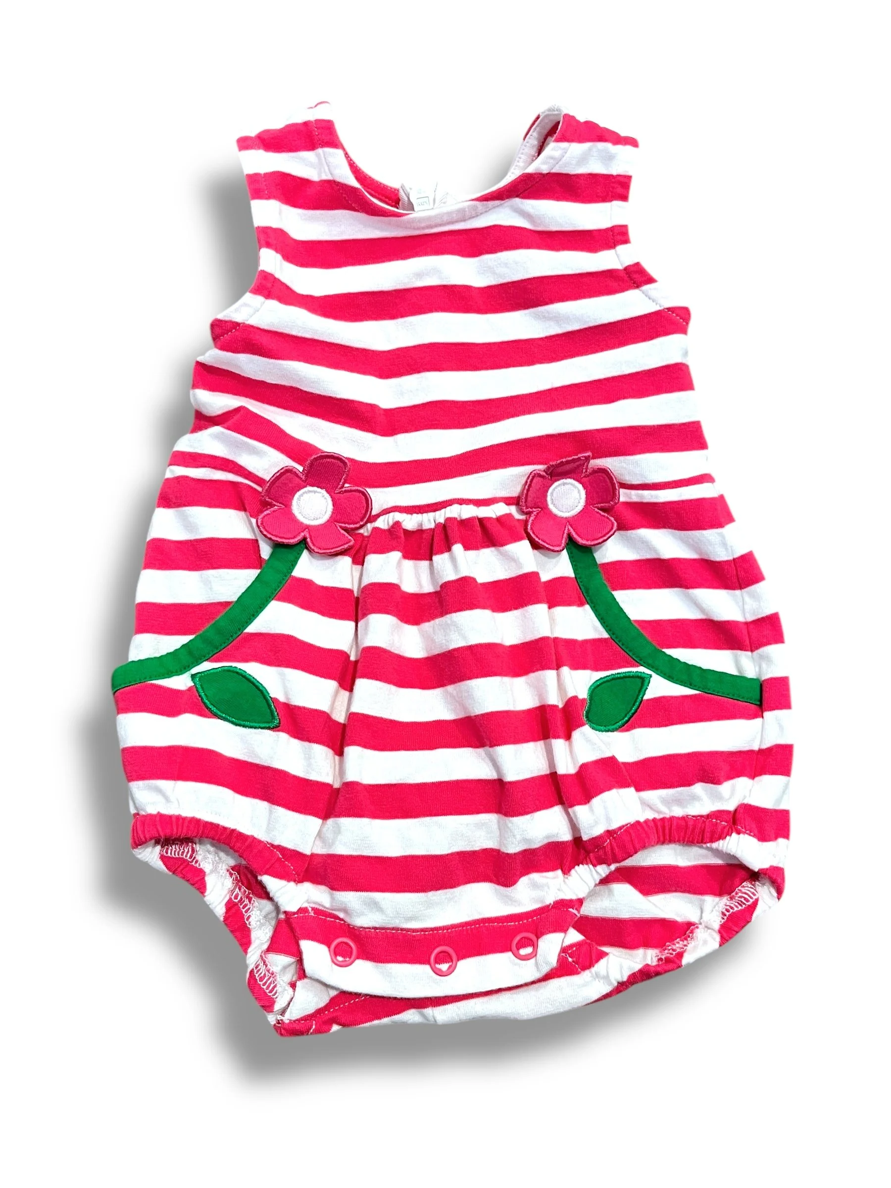 Size 3 Florence Eiseman pink/white stripe bubble with green trim pockets and flower