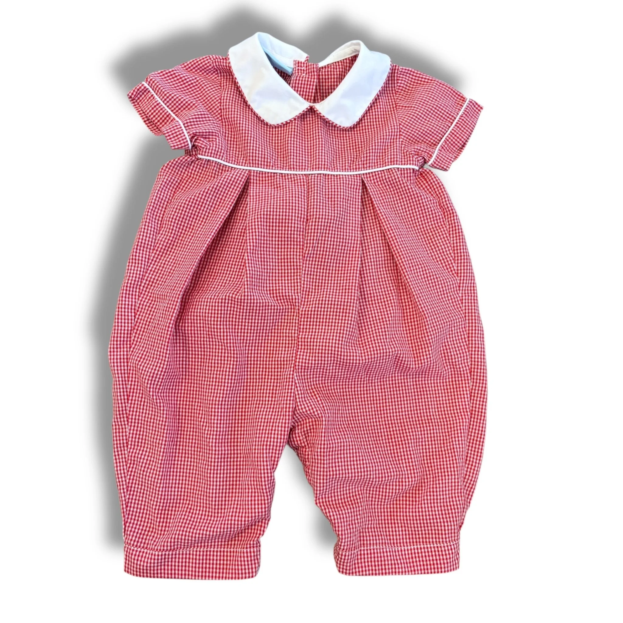Size 3 month Petite bebe red and white gingham romper with white colal