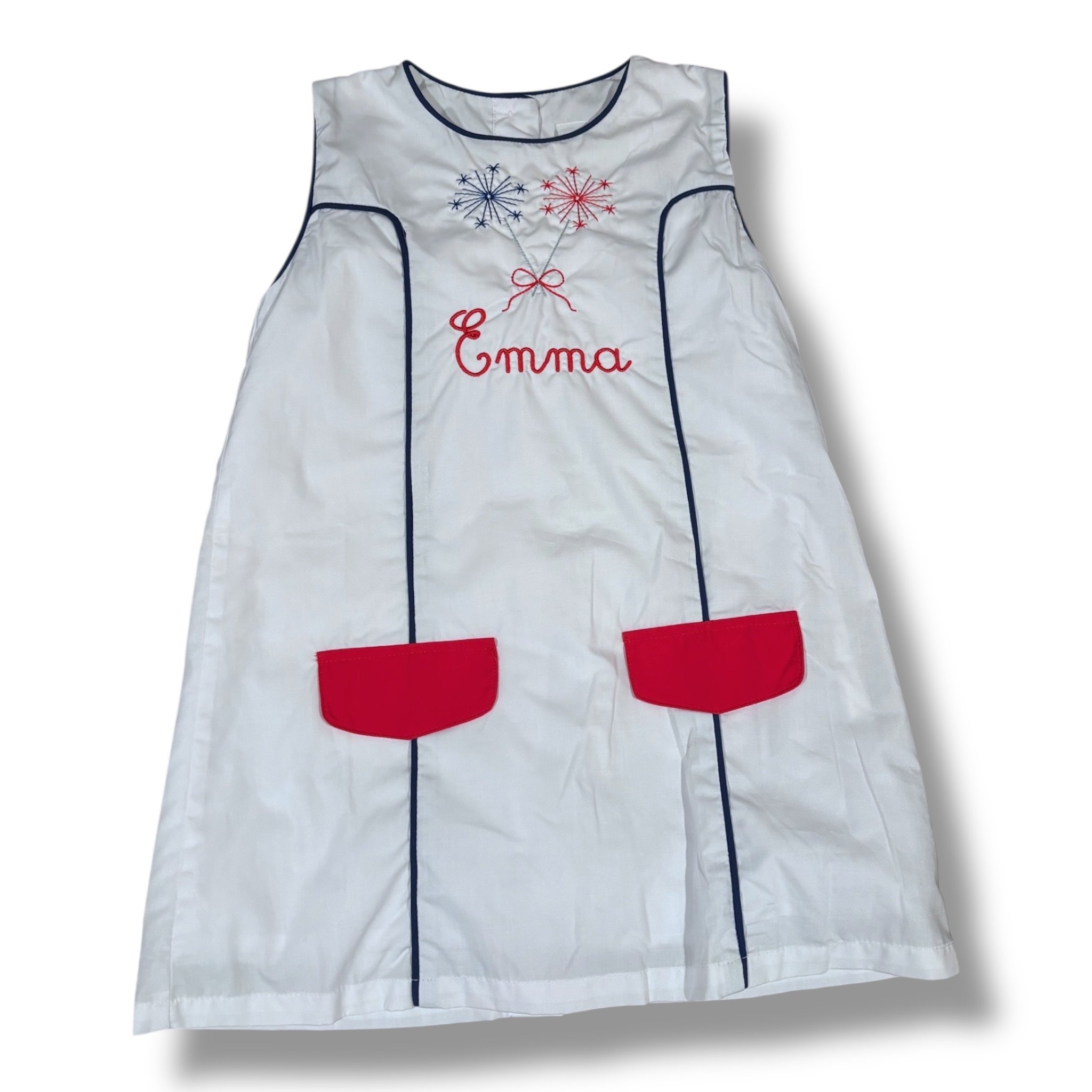 Size 4 The Yellow Lamb white jumper w/ navy trim, fireworks, “Emma” in red