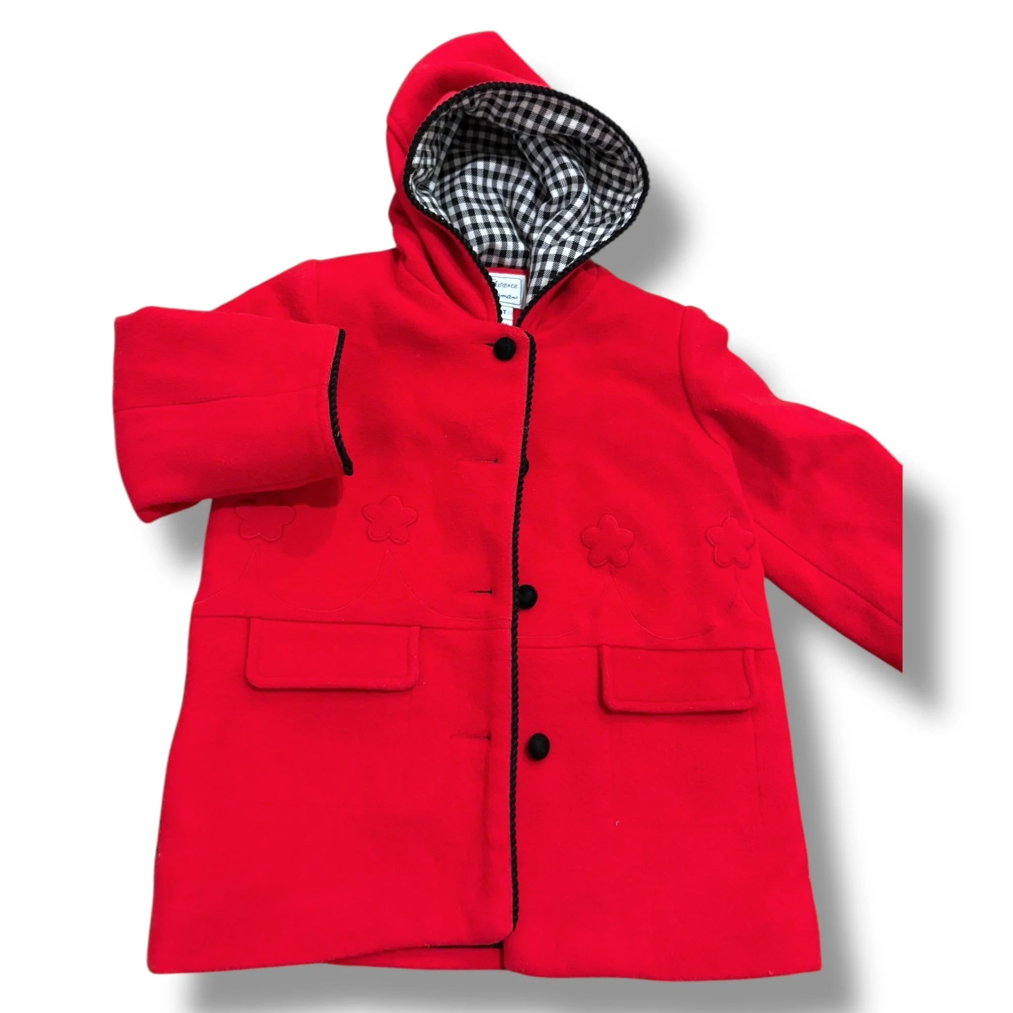 Size 3 Florence Eiseman red wool coat, black trim, black/white check lining