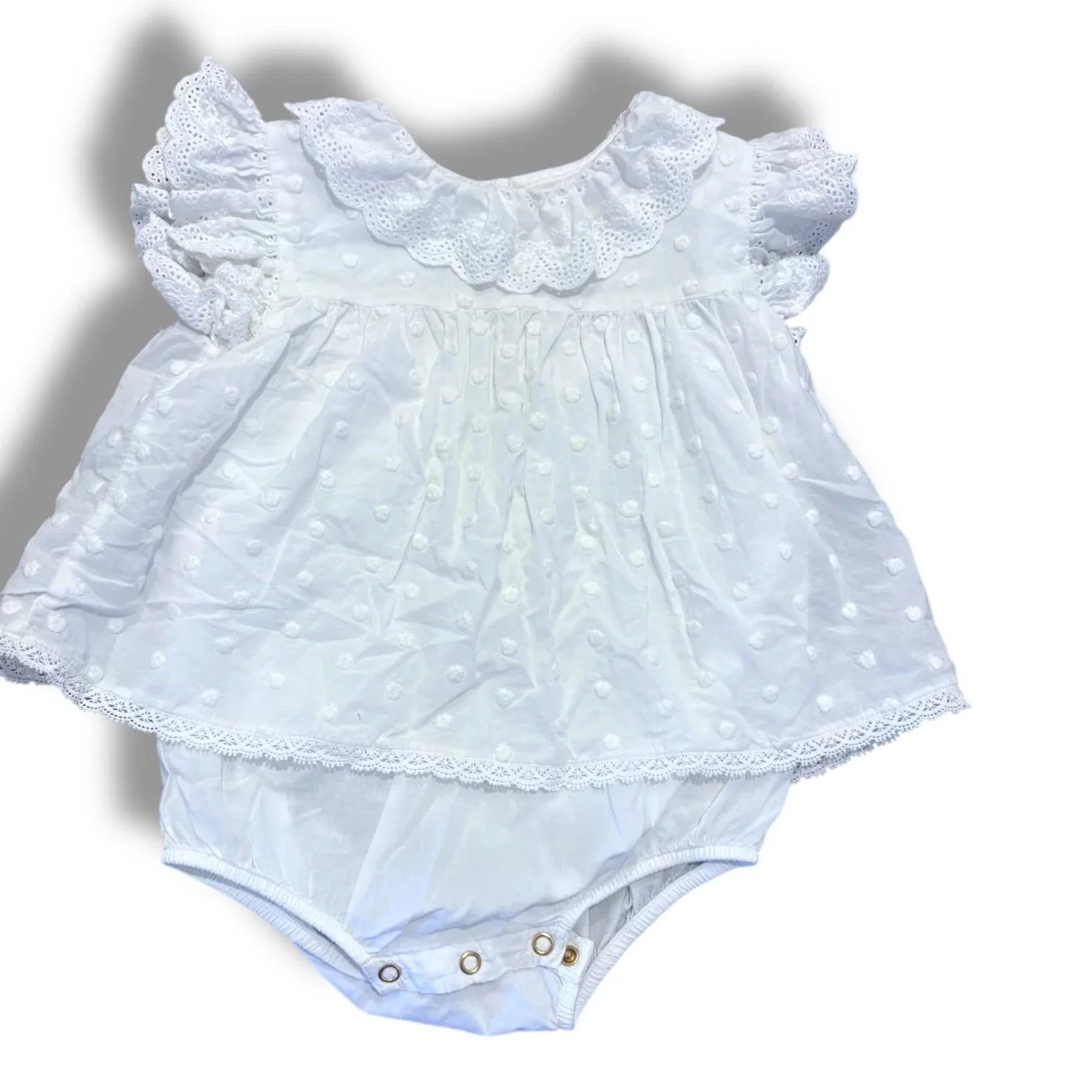Size 24 month Louise Misha white swiss-dot dress w/ eyelet trim, onesie underneath