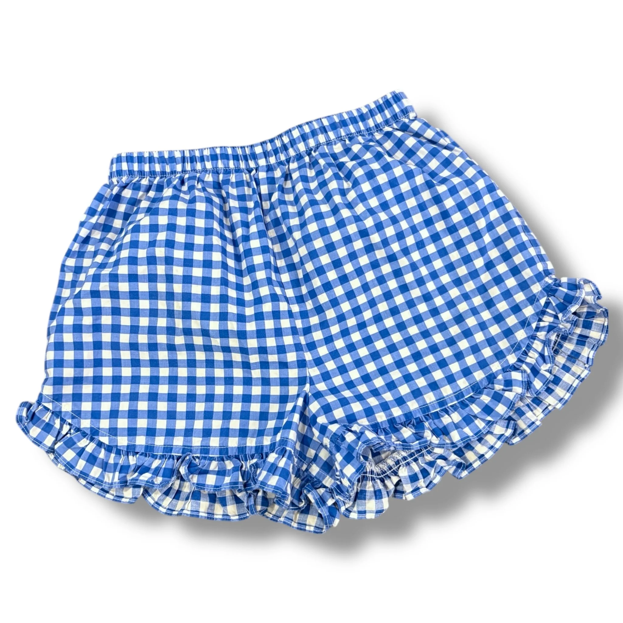 Size 7-8 blue/white check pull on shorts ruffle hem