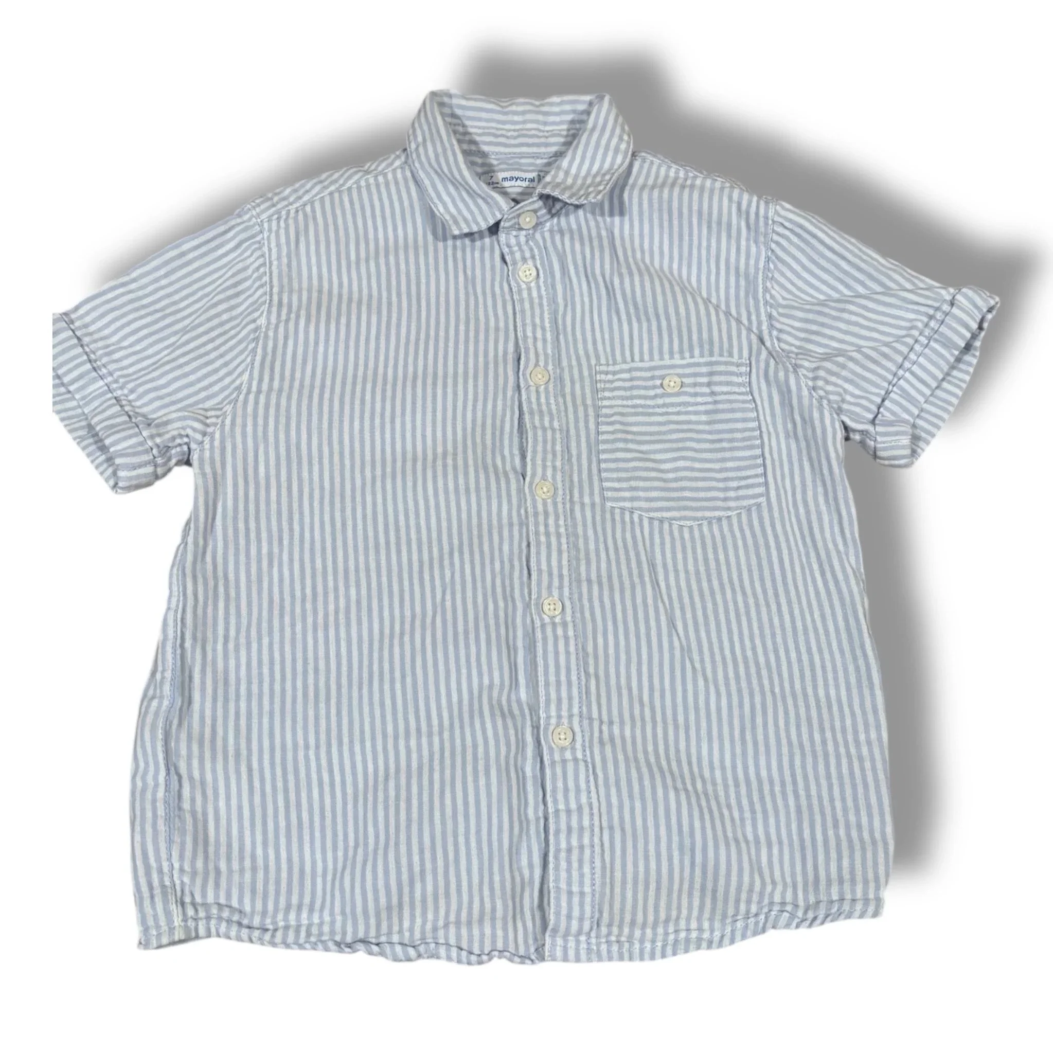 Size 7 Mayoral light blue/white vertical striped short-sleeve, lined buttondown