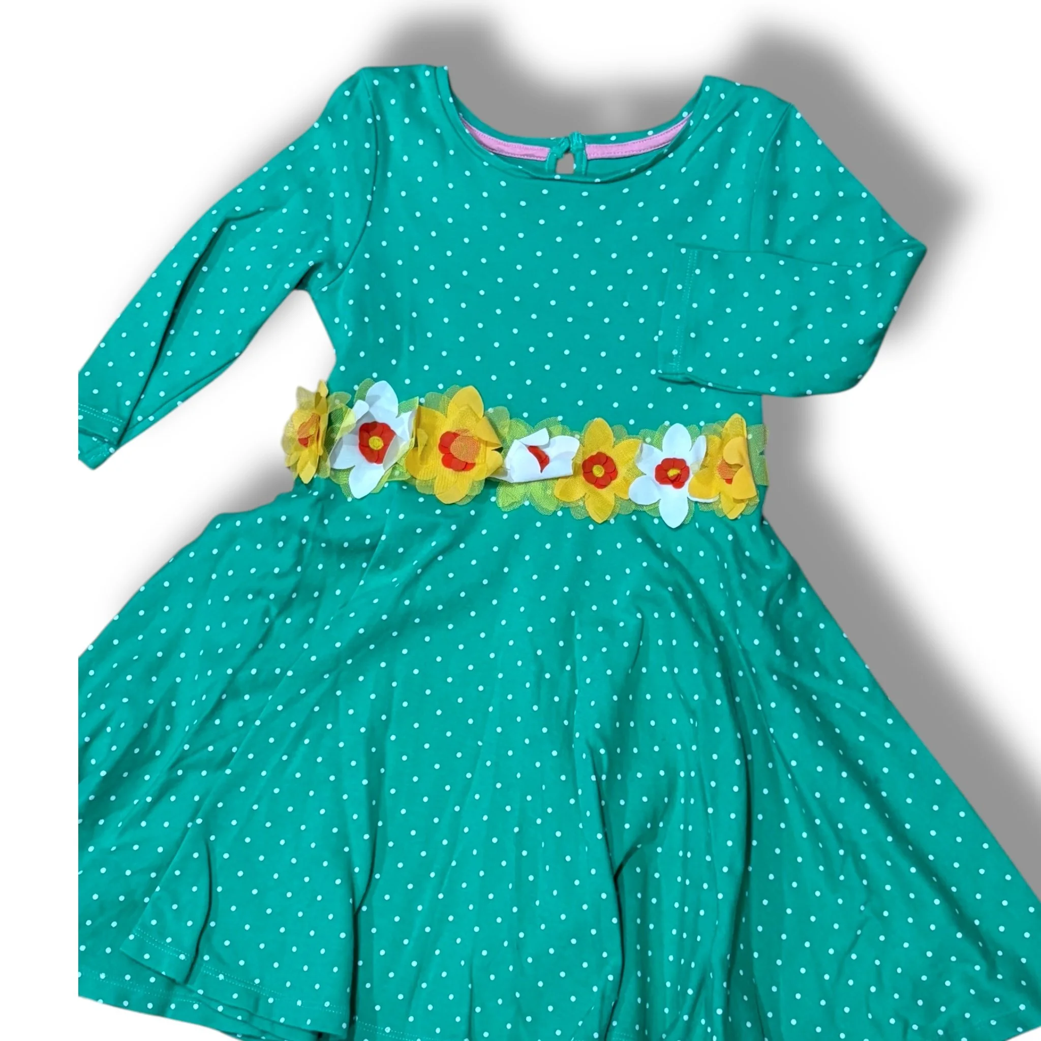 Size 6/7 Boden green polka dot dress with flower applique