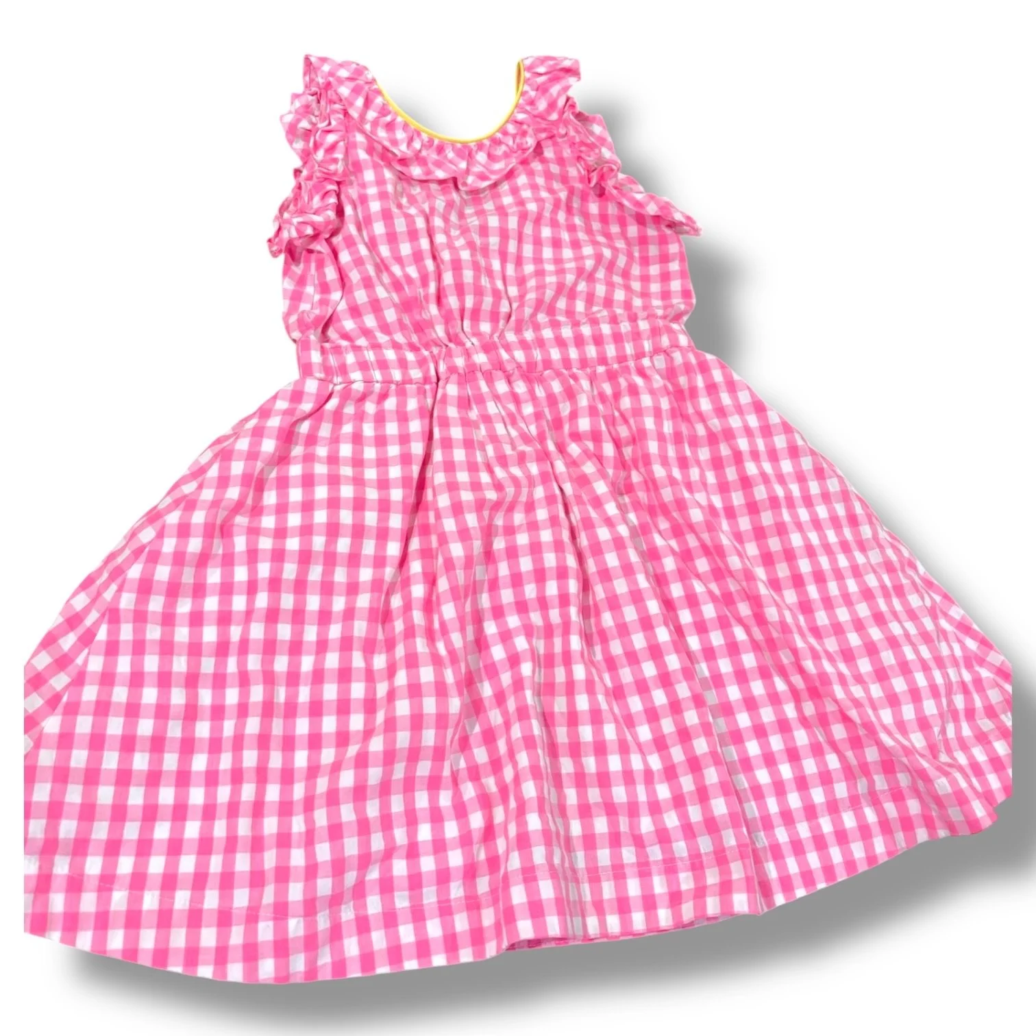 Size 6 Crewcuts bright pink/white gingham dress w/ ruffle, yellow trim, v-back