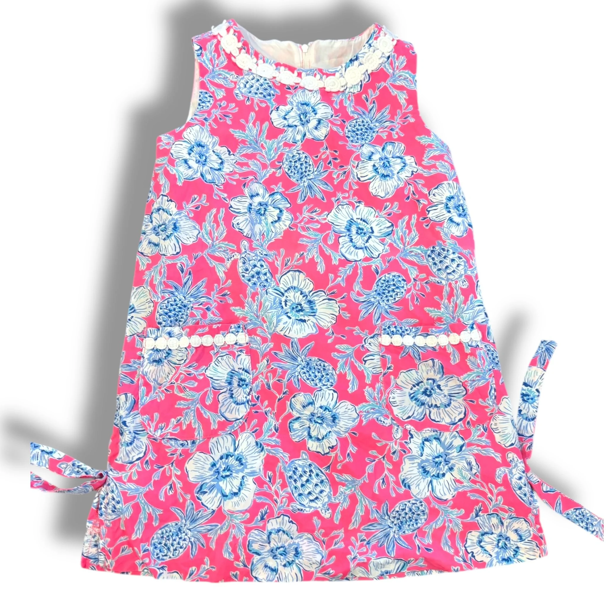 Size 7 Lilly Pulitzer hot pink and blue floral shift dress, white turtle neckline