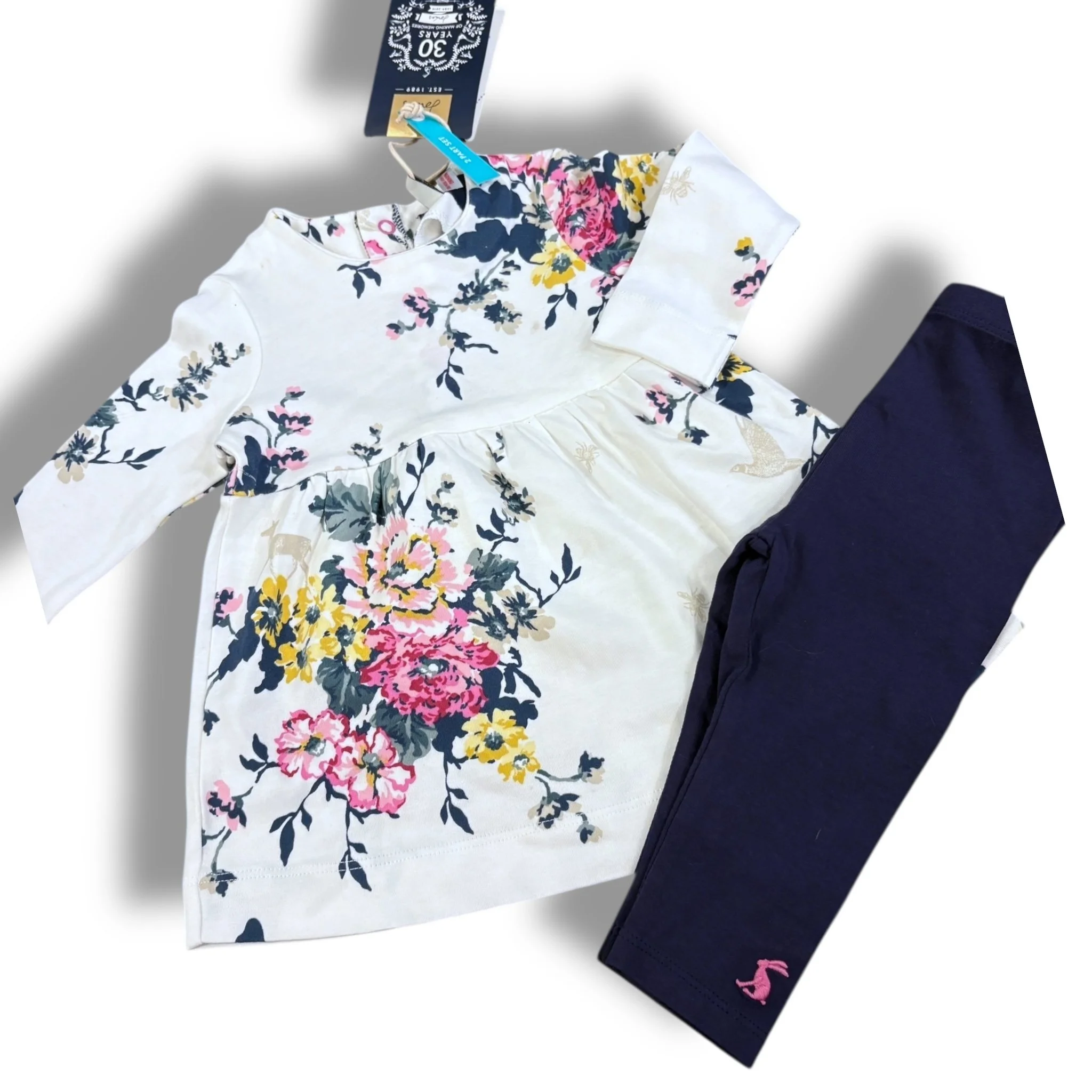 Size 3-6 month Joules white floral tunic with navy leggings, NWT