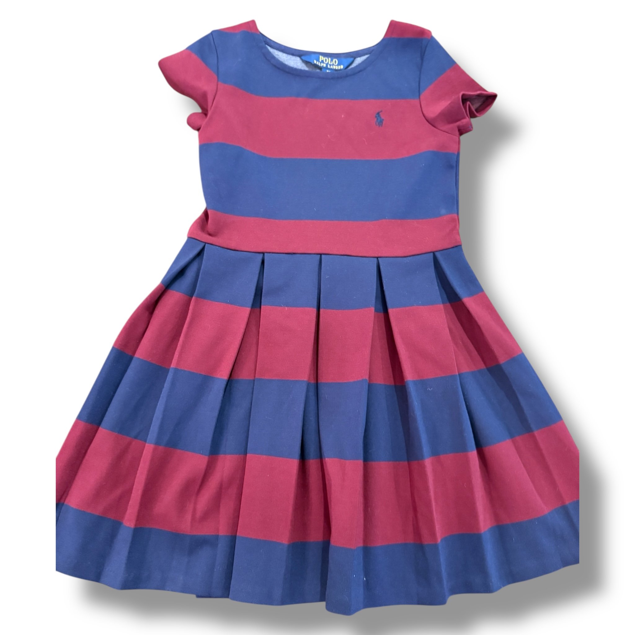 Size 6X Polo Ralph Lauren navy/burgundy wide-striped pleated dress