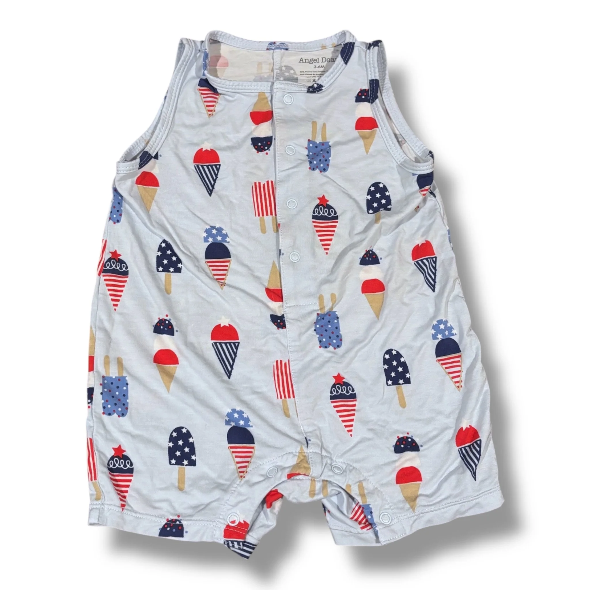 Size 3-6 month Angel Dear light blue romper w/ RWB popsicles