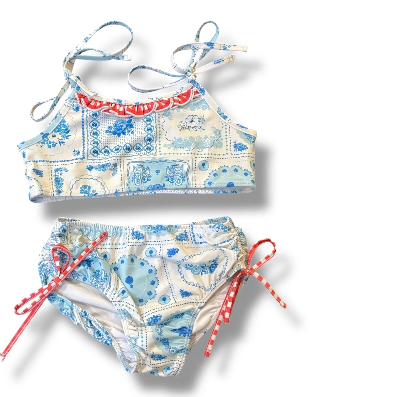 Size 10 Sweet Honey blue/white paisley two-piece swim suit w/ red/white trim