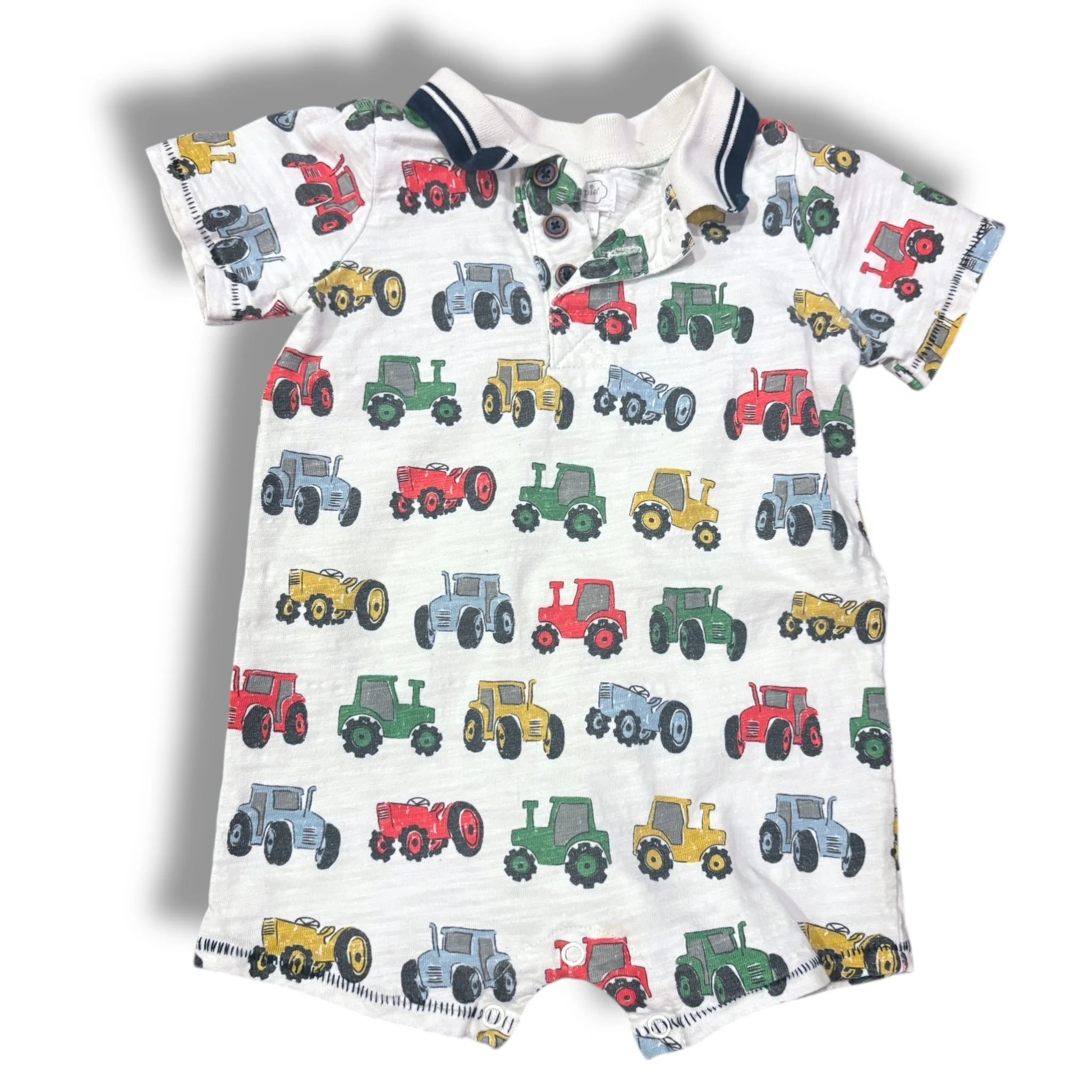 Size 12-18 month Mudpie white polo romper with tractors